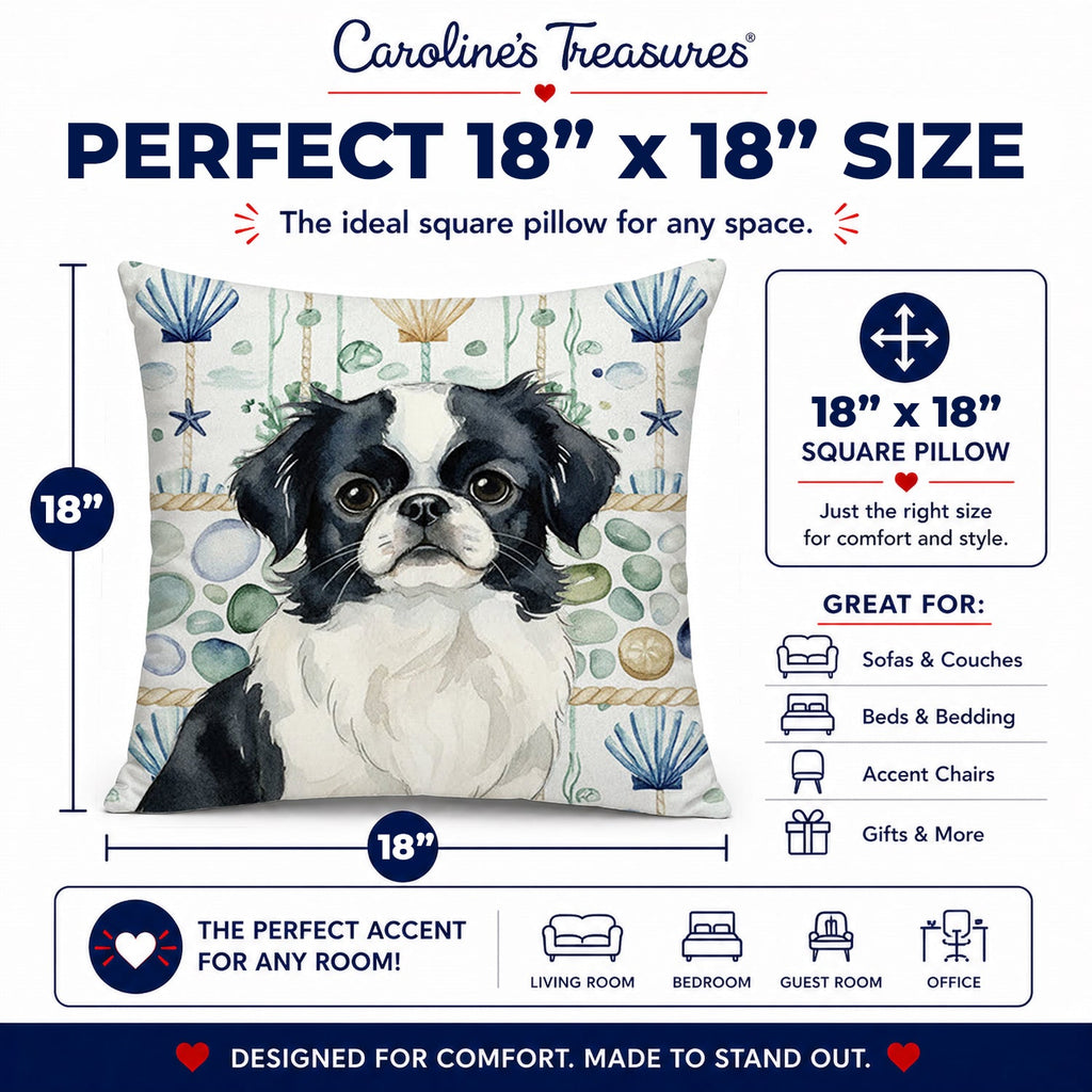 Black and White Japanese Chin Coastal Sea Glass Decorative Throw Pillow 18x18 Indoor Outdoor Accent Cushion, Fabric Cover with Insert for Sofa, Bed, Porch & Living Room