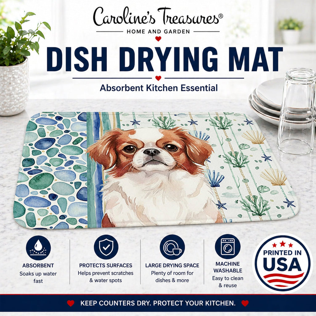 Red and White Japanese Chin Coastal Sea Glass Dish Drying Mat Absorbent Dish Drying Mat Pad for Kitchen Counter Dish Drainer Mat for Countertop, 14 x 21", Multicolor