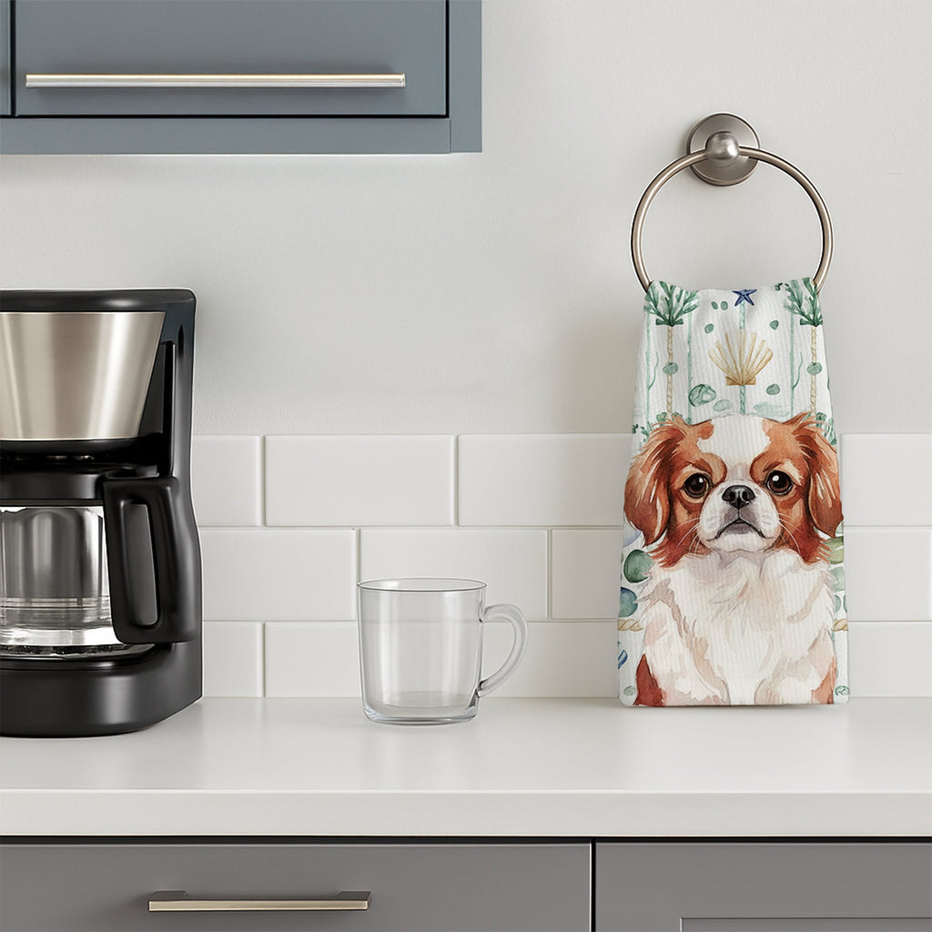 Red and White Japanese Chin Coastal Sea Glass Kitchen Towel Velour Plush Front and Cotton Loop Back Machine Washable