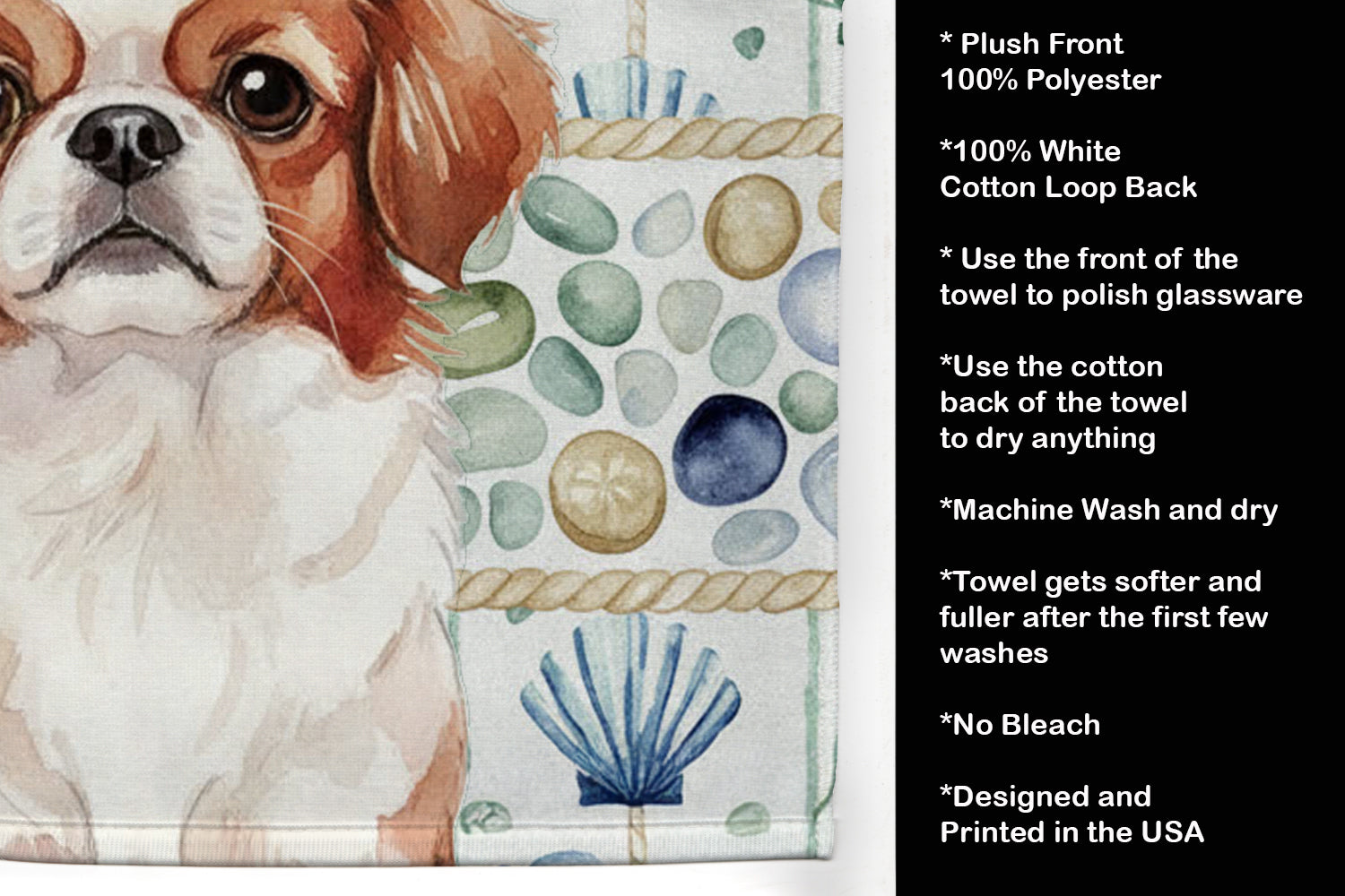 Red and White Japanese Chin Coastal Sea Glass Kitchen Towel Velour Plush Front and Cotton Loop Back Machine Washable