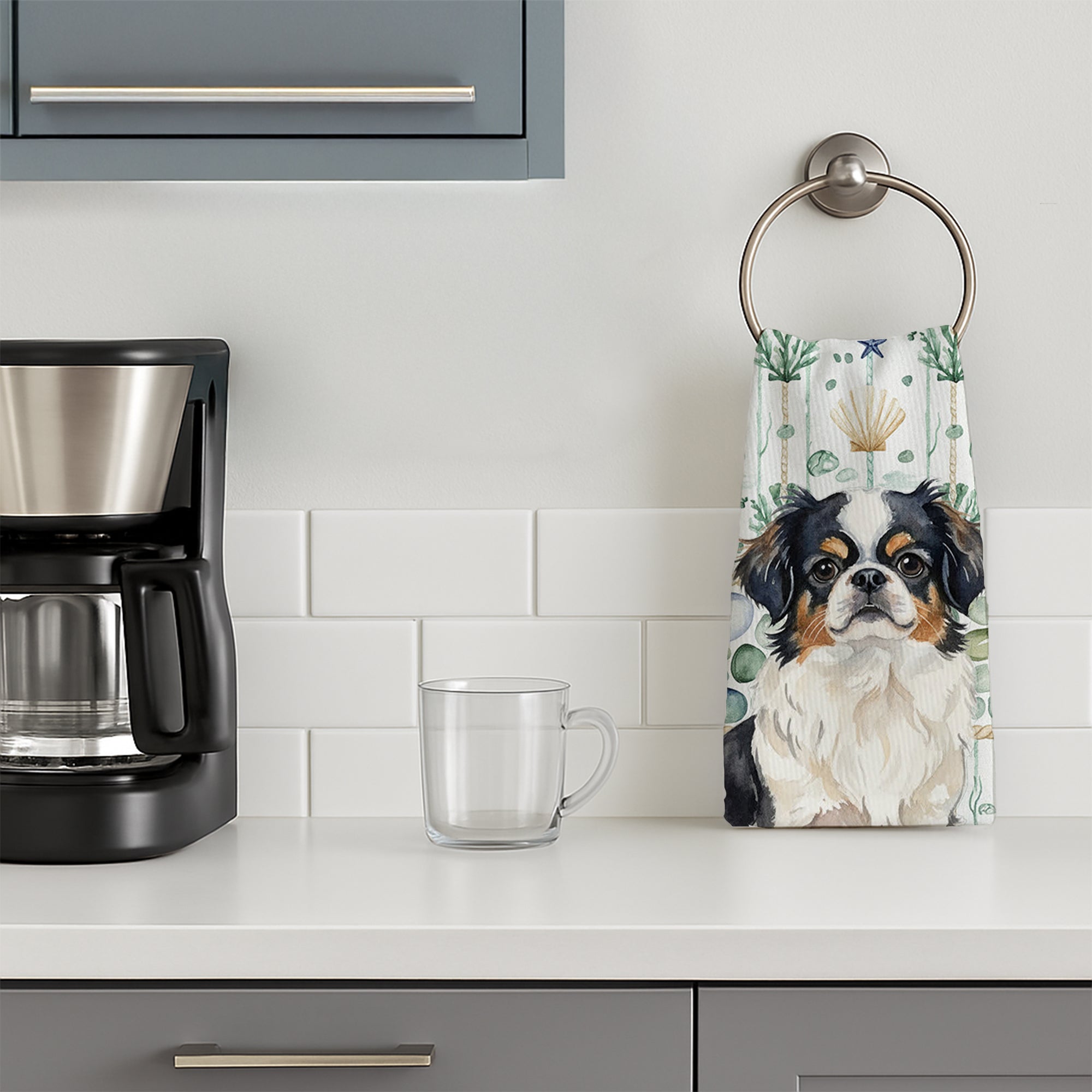 Tricolor Japanese Chin Coastal Sea Glass Kitchen Towel Velour Plush Front and Cotton Loop Back Machine Washable