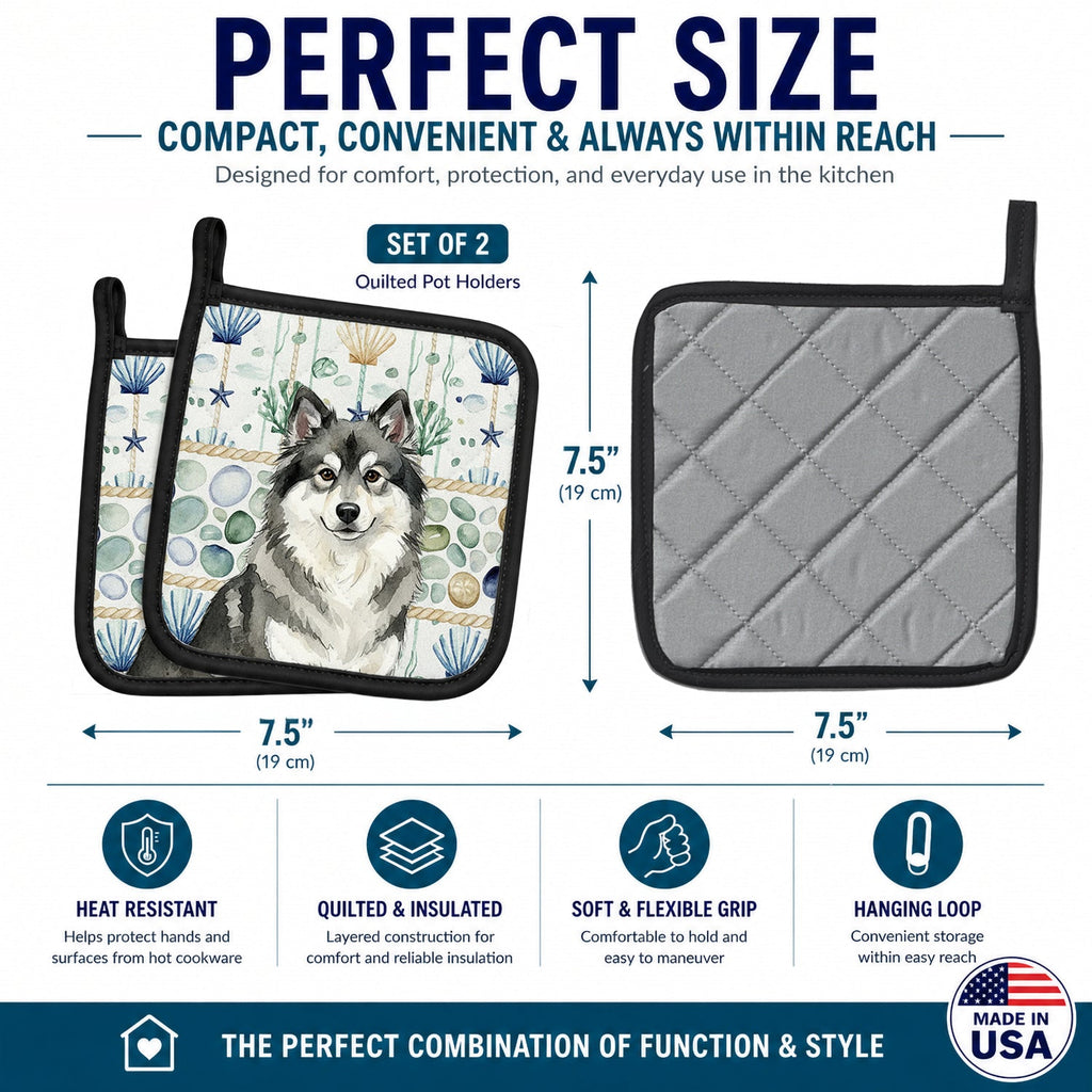 Keeshond Coastal Sea Glass Pot Holder Set of 2 Heat Resistant Quilted Hot Pads 7.5 x 7.5 Inch, Insulated Kitchen Trivets for Cooking & Baking