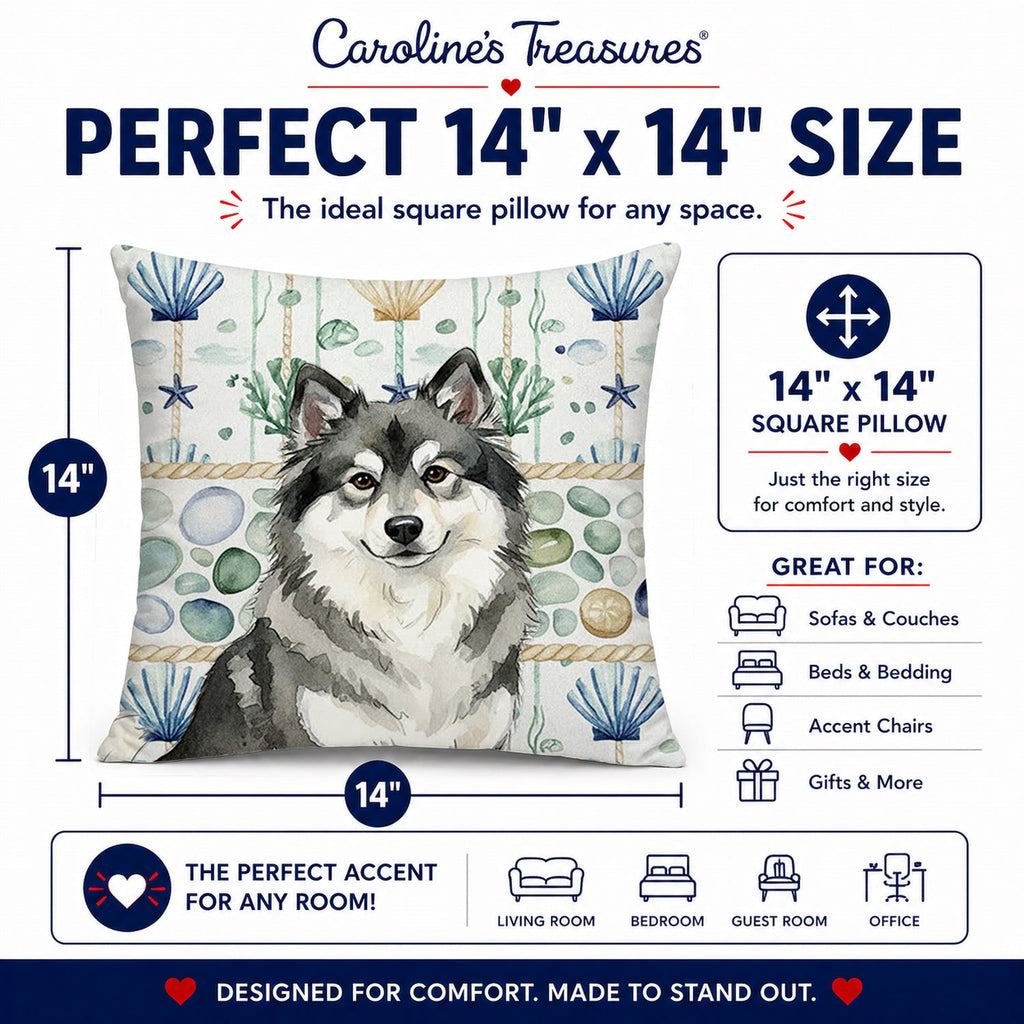 Keeshond Coastal Sea Glass Decorative Throw Pillow 14x14 Indoor Outdoor Accent Cushion, Fabric Cover with Insert for Sofa, Bed, Porch & Living Room