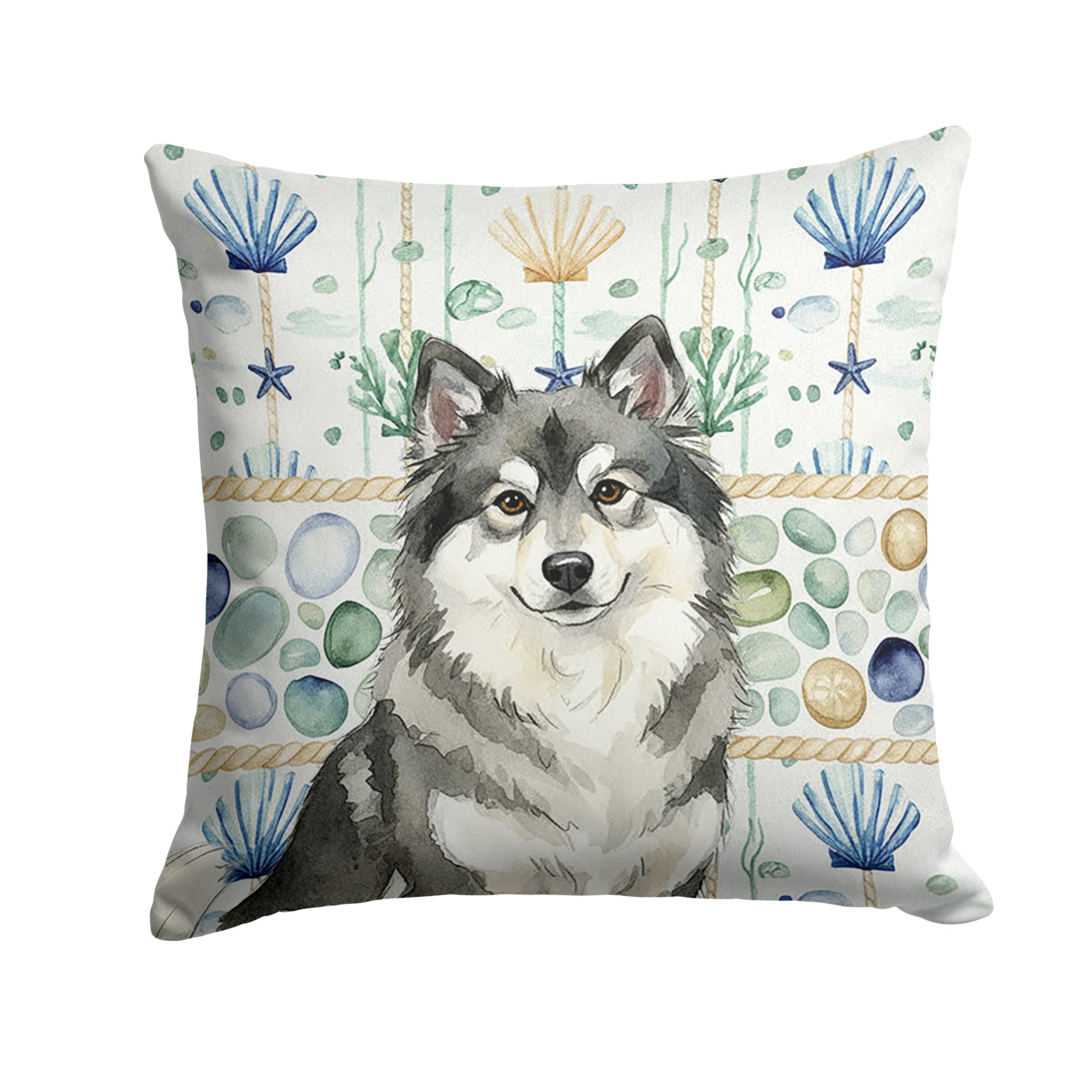 Keeshond Coastal Sea Glass Decorative Throw Pillow 14x14 Indoor Outdoor Accent Cushion, Fabric Cover with Insert for Sofa, Bed, Porch & Living Room