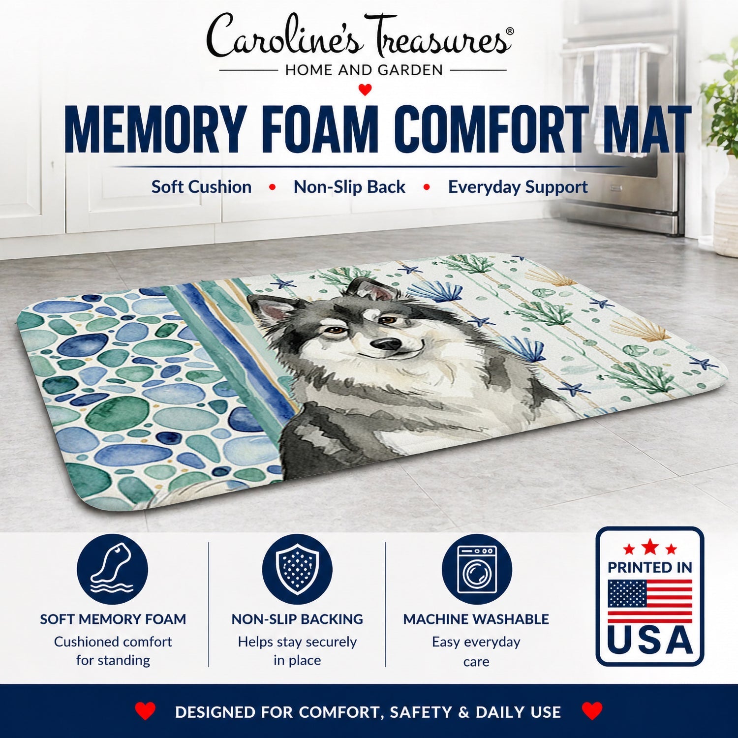 Keeshond Coastal Sea Glass Memory Foam Kitchen Mat Machine Washable Anti-Fatigue Cushion Comfort Bath or Kitchen Rug