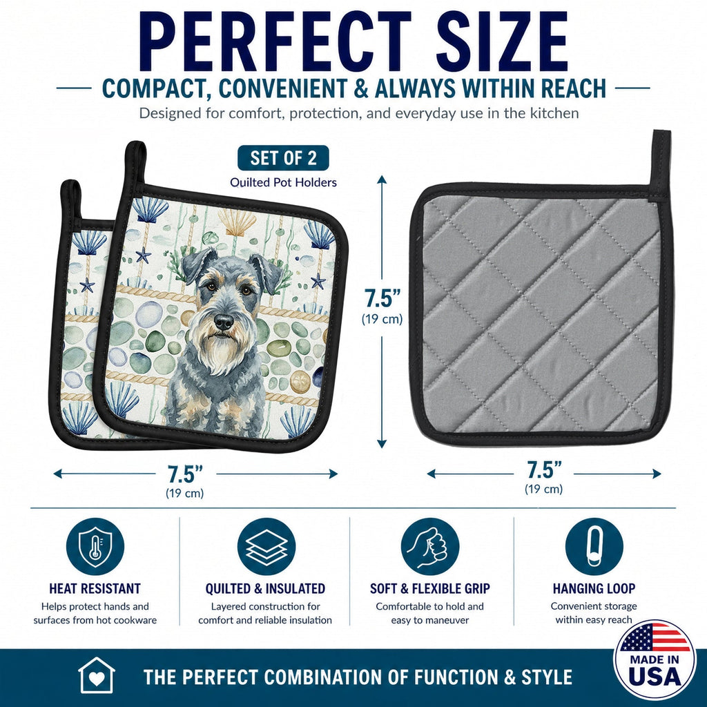 Kerry Blue Terrier Coastal Sea Glass Pot Holder Set of 2 Heat Resistant Quilted Hot Pads 7.5 x 7.5 Inch, Insulated Kitchen Trivets for Cooking & Baking