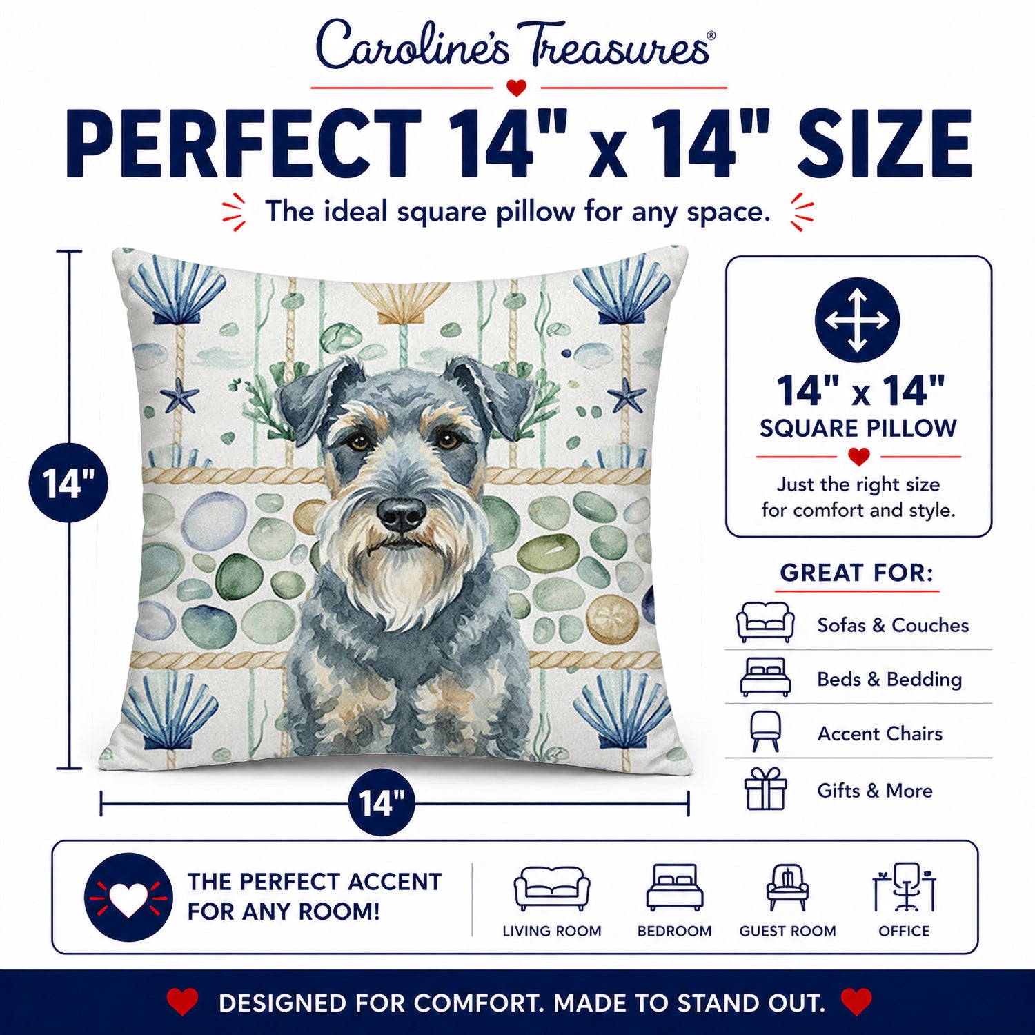 Kerry Blue Terrier Coastal Sea Glass Decorative Throw Pillow 14x14 Indoor Outdoor Accent Cushion, Fabric Cover with Insert for Sofa, Bed, Porch & Living Room