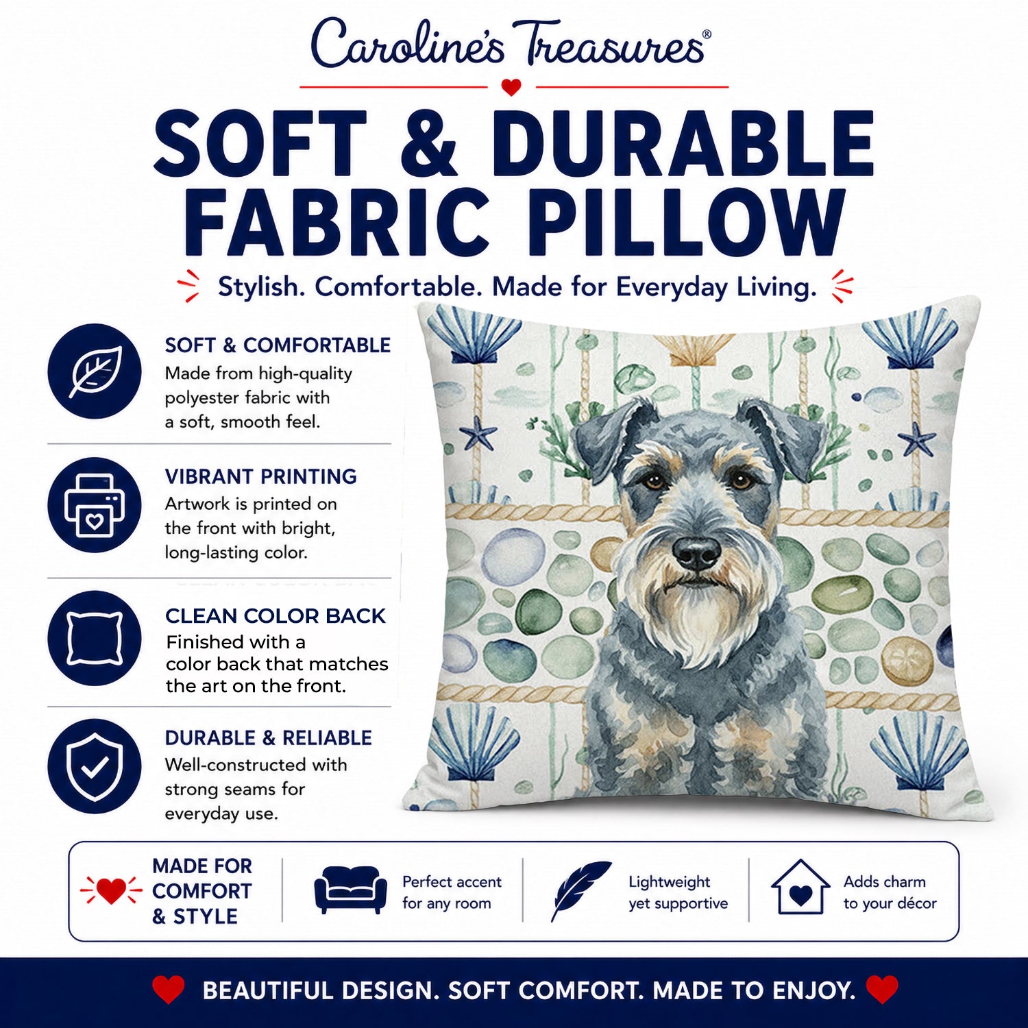 Kerry Blue Terrier Coastal Sea Glass Decorative Throw Pillow 18x18 Indoor Outdoor Accent Cushion, Fabric Cover with Insert for Sofa, Bed, Porch & Living Room
