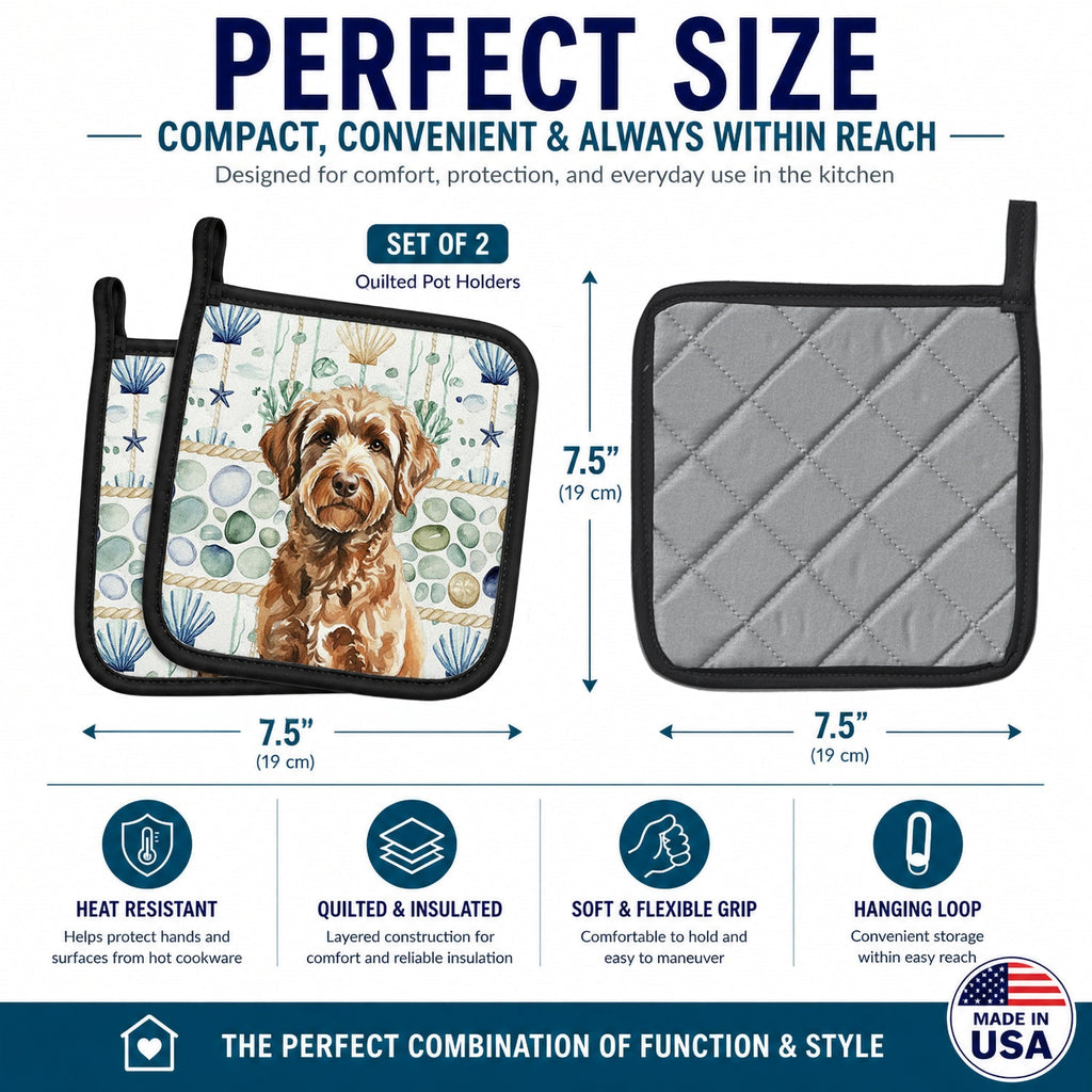 Chocolate Labradoodle Coastal Sea Glass Pot Holder Set of 2 Heat Resistant Quilted Hot Pads 7.5 x 7.5 Inch, Insulated Kitchen Trivets for Cooking & Baking