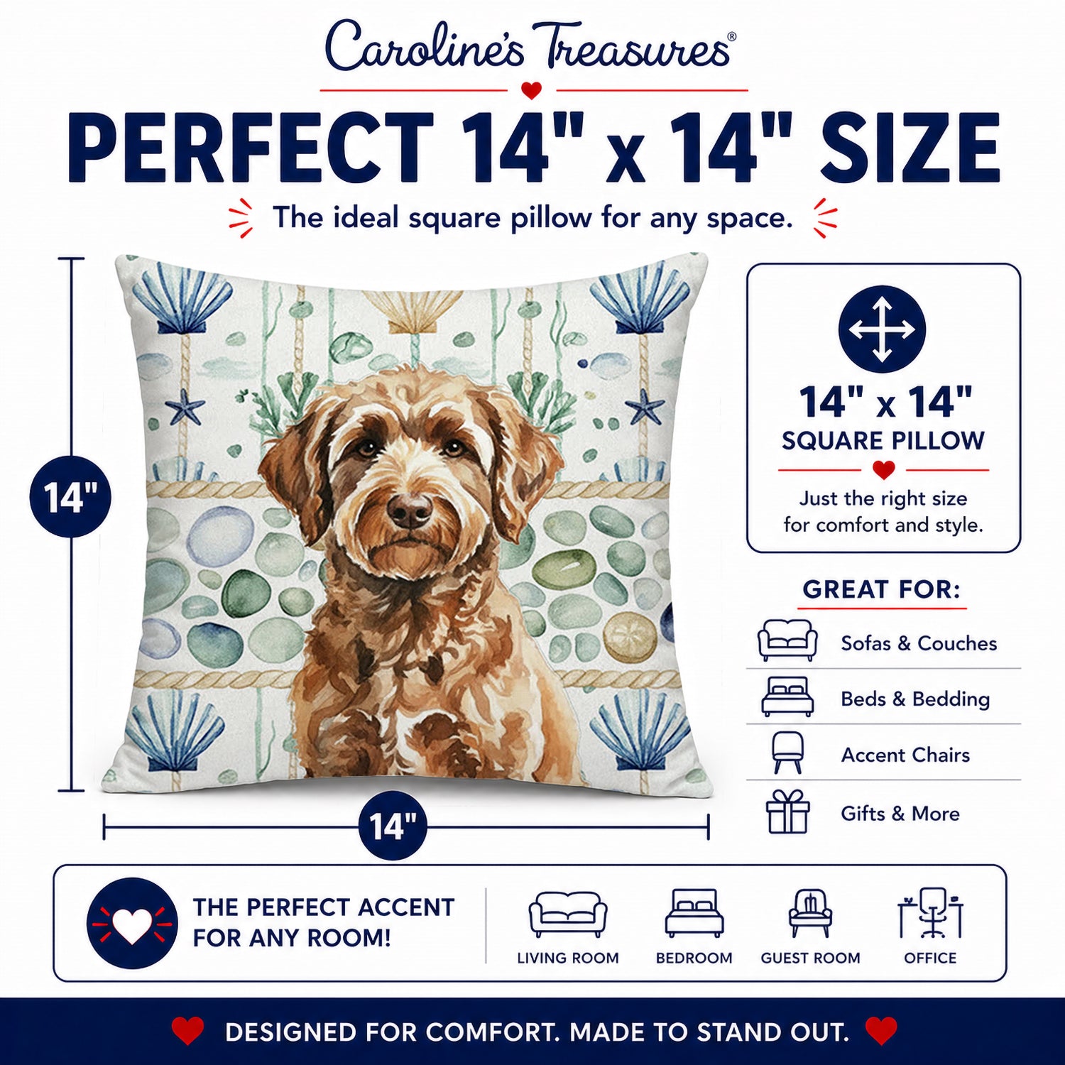 Chocolate Labradoodle Coastal Sea Glass Decorative Throw Pillow 14x14 Indoor Outdoor Accent Cushion, Fabric Cover with Insert for Sofa, Bed, Porch & Living Room