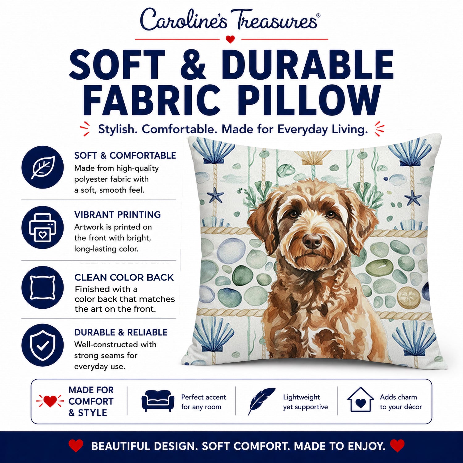 Chocolate Labradoodle Coastal Sea Glass Decorative Throw Pillow 18x18 Indoor Outdoor Accent Cushion, Fabric Cover with Insert for Sofa, Bed, Porch & Living Room