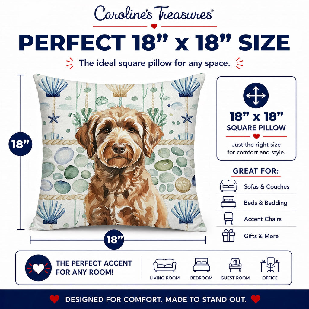 Chocolate Labradoodle Coastal Sea Glass Decorative Throw Pillow 18x18 Indoor Outdoor Accent Cushion, Fabric Cover with Insert for Sofa, Bed, Porch & Living Room