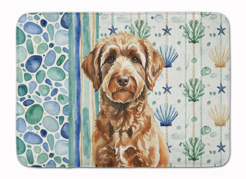Chocolate Labradoodle Coastal Sea Glass Memory Foam Kitchen Mat Machine Washable Anti-Fatigue Cushion Comfort Bath or Kitchen Rug
