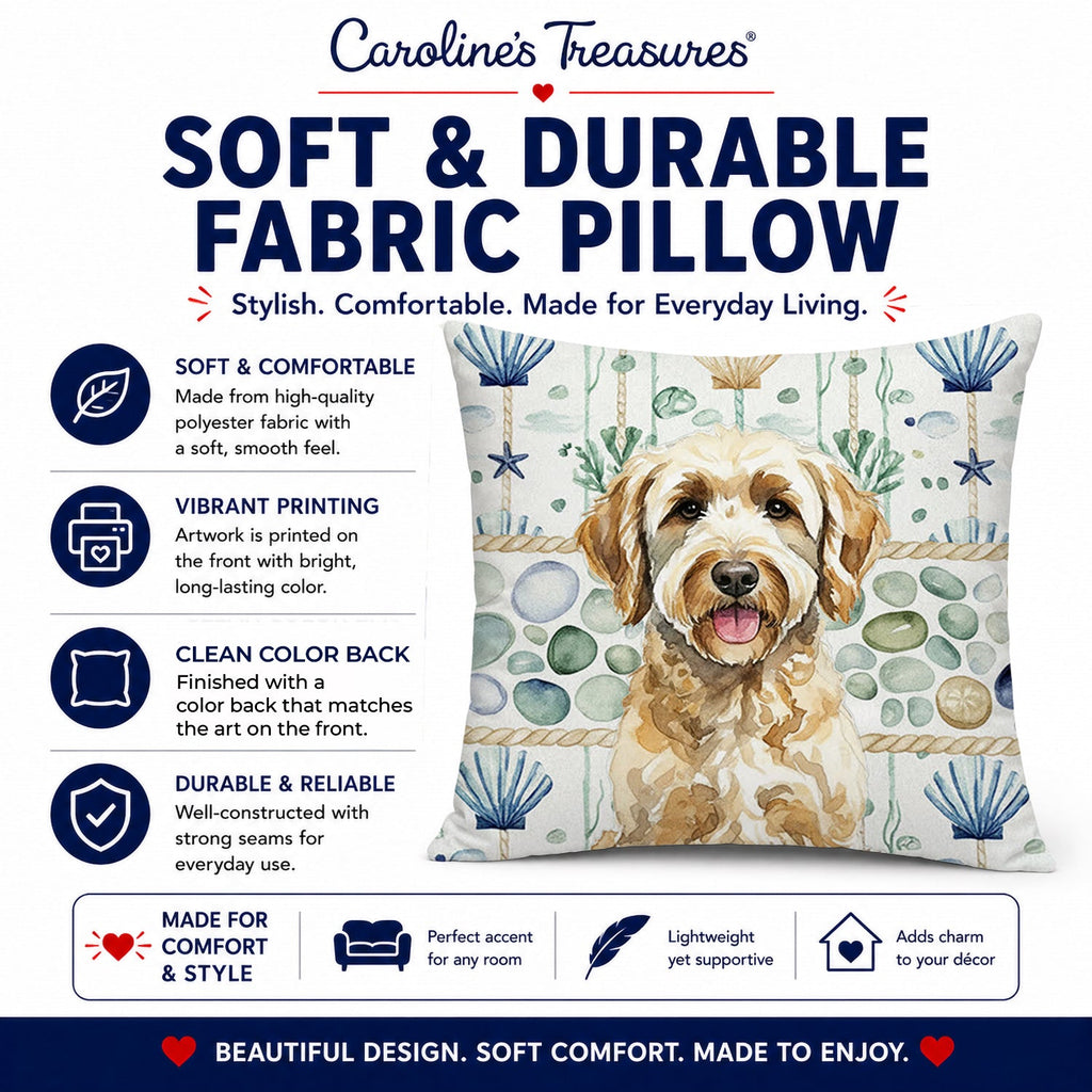 Yellow Labradoodle Coastal Sea Glass Decorative Throw Pillow 14x14 Indoor Outdoor Accent Cushion, Fabric Cover with Insert for Sofa, Bed, Porch & Living Room