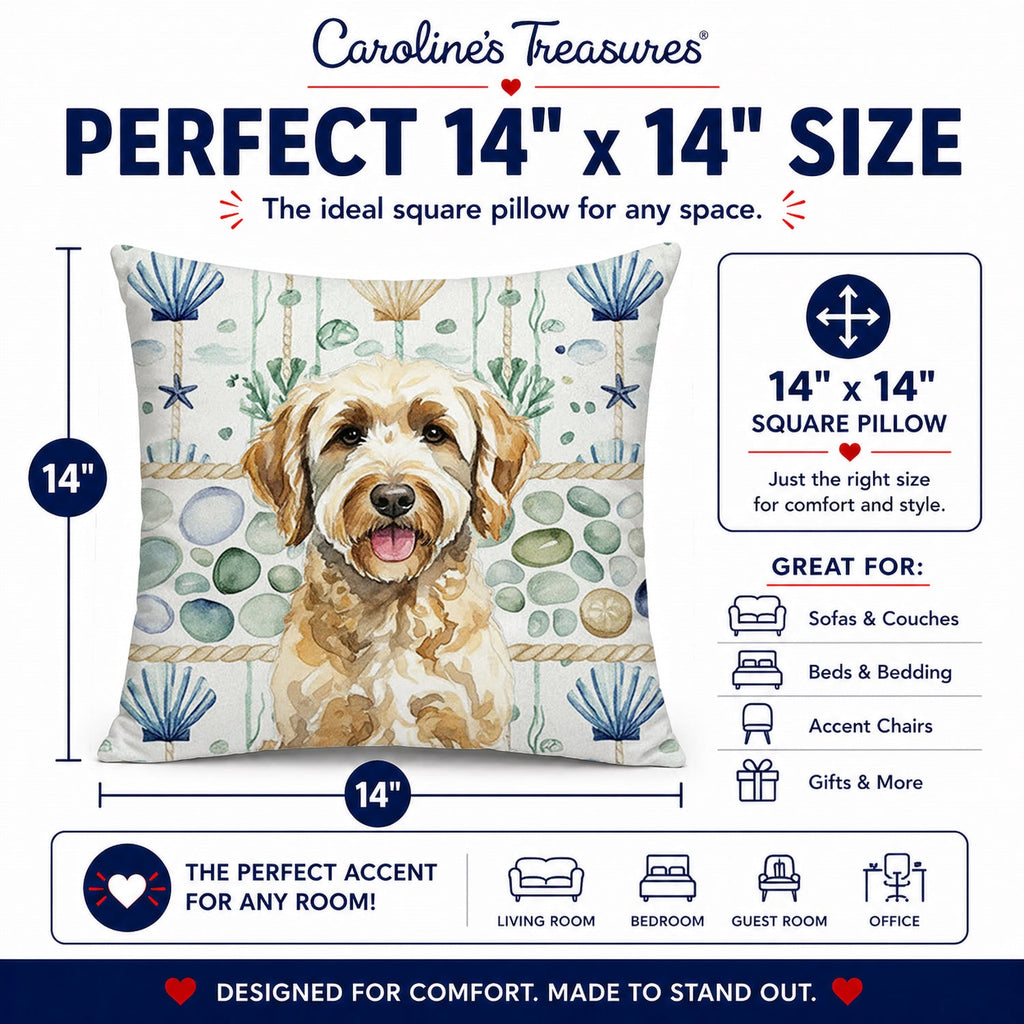 Yellow Labradoodle Coastal Sea Glass Decorative Throw Pillow 14x14 Indoor Outdoor Accent Cushion, Fabric Cover with Insert for Sofa, Bed, Porch & Living Room