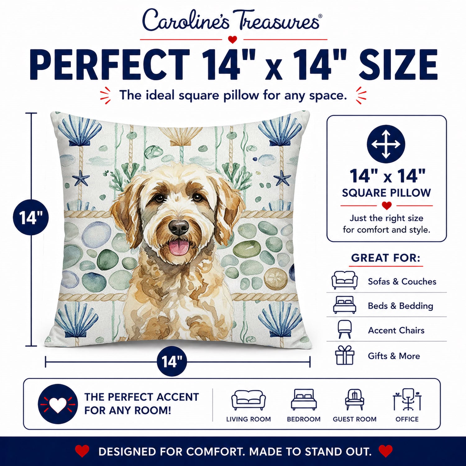 Yellow Labradoodle Coastal Sea Glass Decorative Throw Pillow 14x14 Indoor Outdoor Accent Cushion, Fabric Cover with Insert for Sofa, Bed, Porch & Living Room