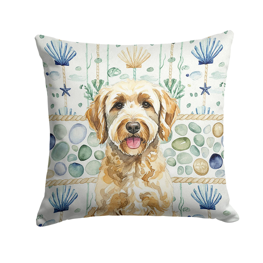 Yellow Labradoodle Coastal Sea Glass Decorative Throw Pillow 14x14 Indoor Outdoor Accent Cushion, Fabric Cover with Insert for Sofa, Bed, Porch & Living Room
