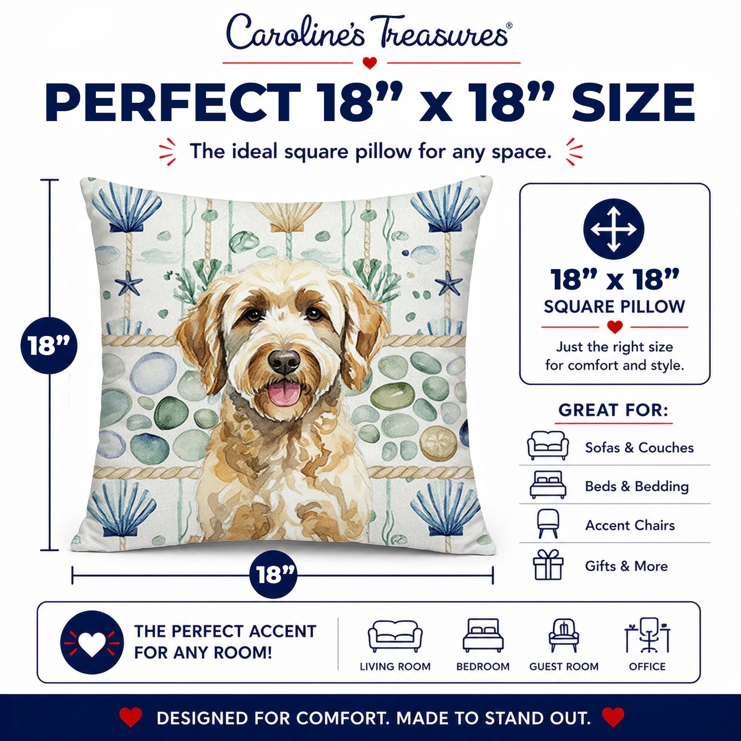 Yellow Labradoodle Coastal Sea Glass Decorative Throw Pillow 18x18 Indoor Outdoor Accent Cushion, Fabric Cover with Insert for Sofa, Bed, Porch & Living Room