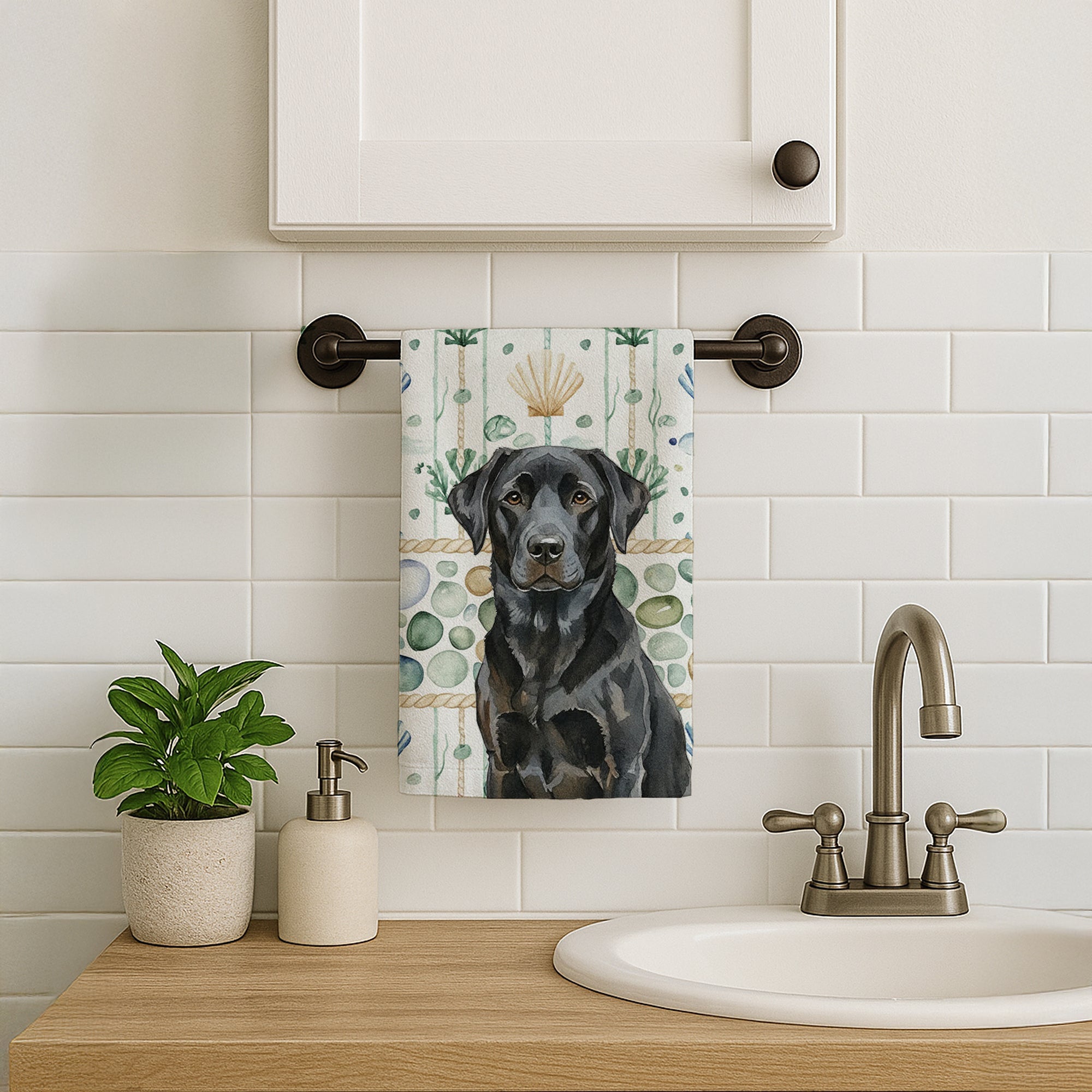 Black Labrador Retriever Coastal Sea Glass Kitchen Towel Velour Plush Front and Cotton Loop Back Machine Washable