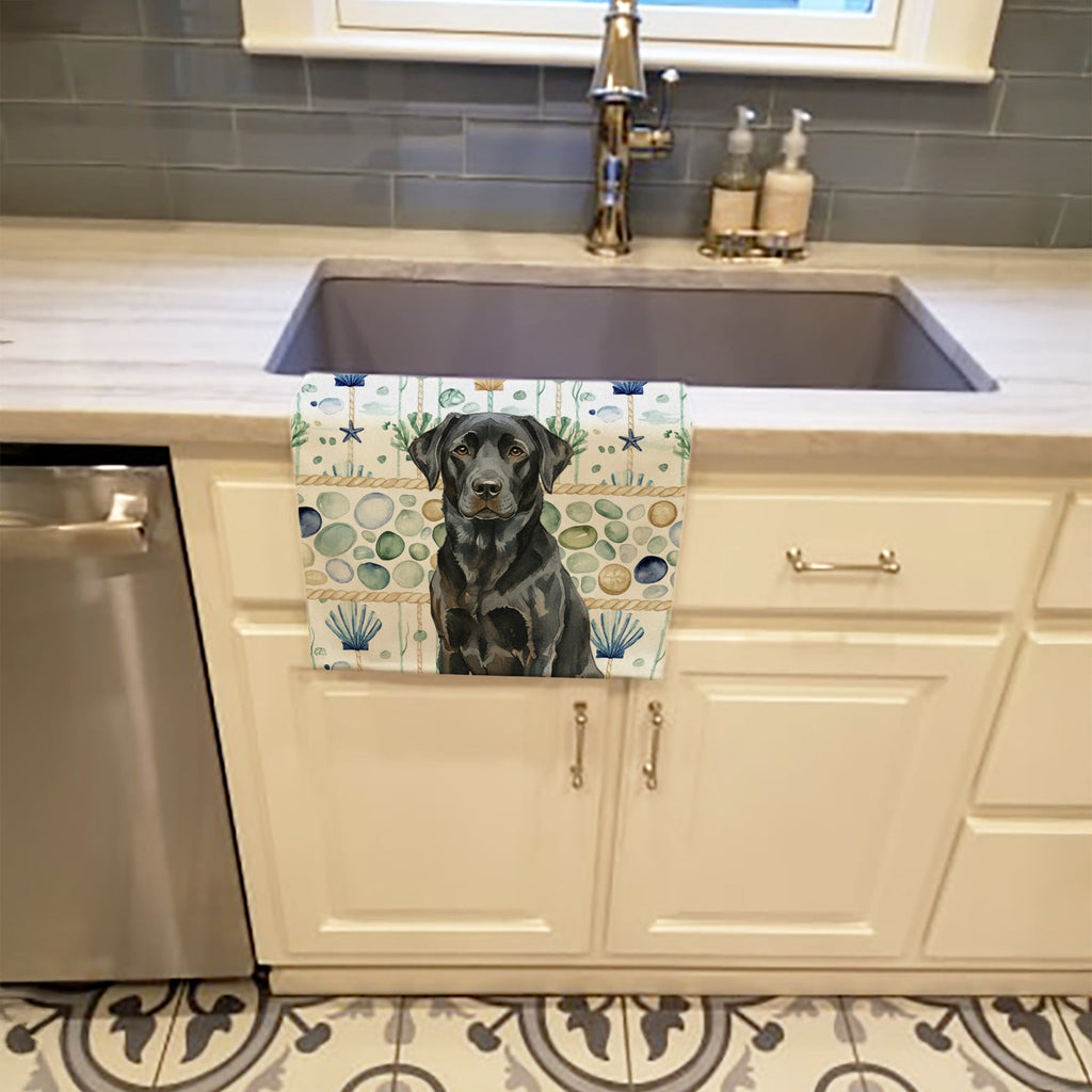 Black Labrador Retriever Coastal Sea Glass Kitchen Towel Velour Plush Front and Cotton Loop Back Machine Washable