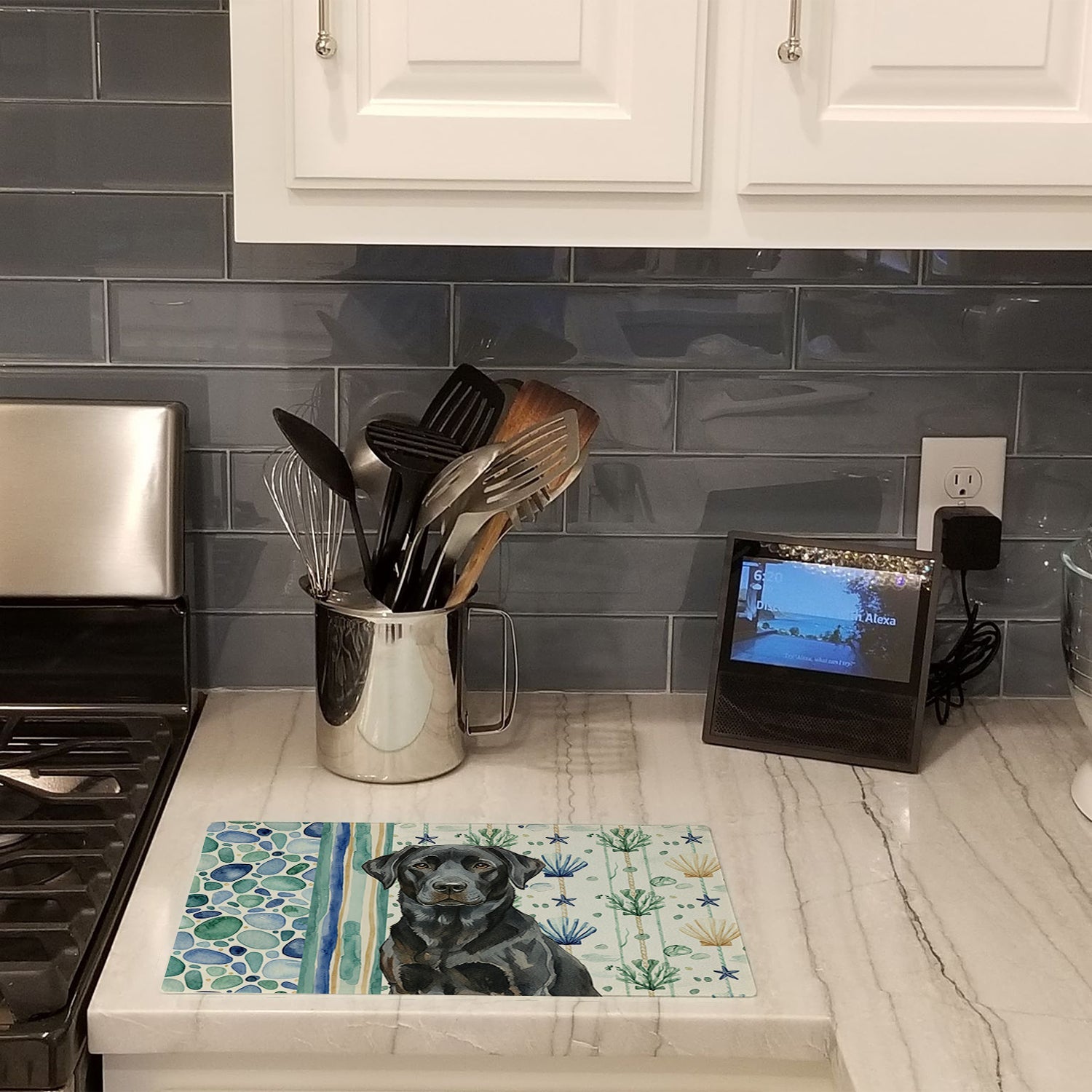 Black Labrador Retriever Coastal Sea Glass Cutting Board Tempered Glass Kitchen Cutting Surface, Heat Resistant Chopping, Non-Slip Feet, Food Prep & Serving