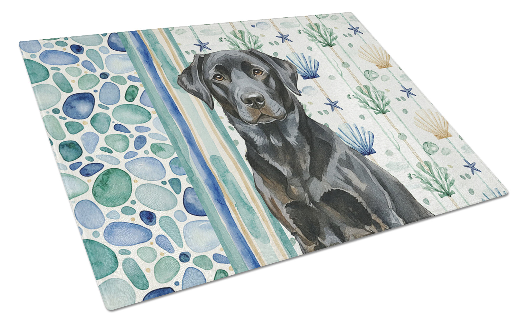 Black Labrador Retriever Coastal Sea Glass Cutting Board Tempered Glass Kitchen Cutting Surface, Heat Resistant Chopping, Non-Slip Feet, Food Prep & Serving