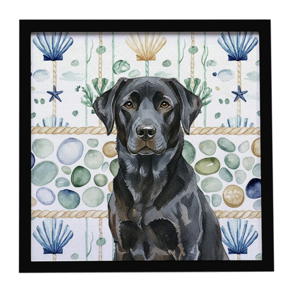 Black Labrador Retriever Coastal Sea Glass Framed Metal Print Bathroom, Kitchen, Office, Home Decor Wall Art Ready to Hang, Square, 8X8