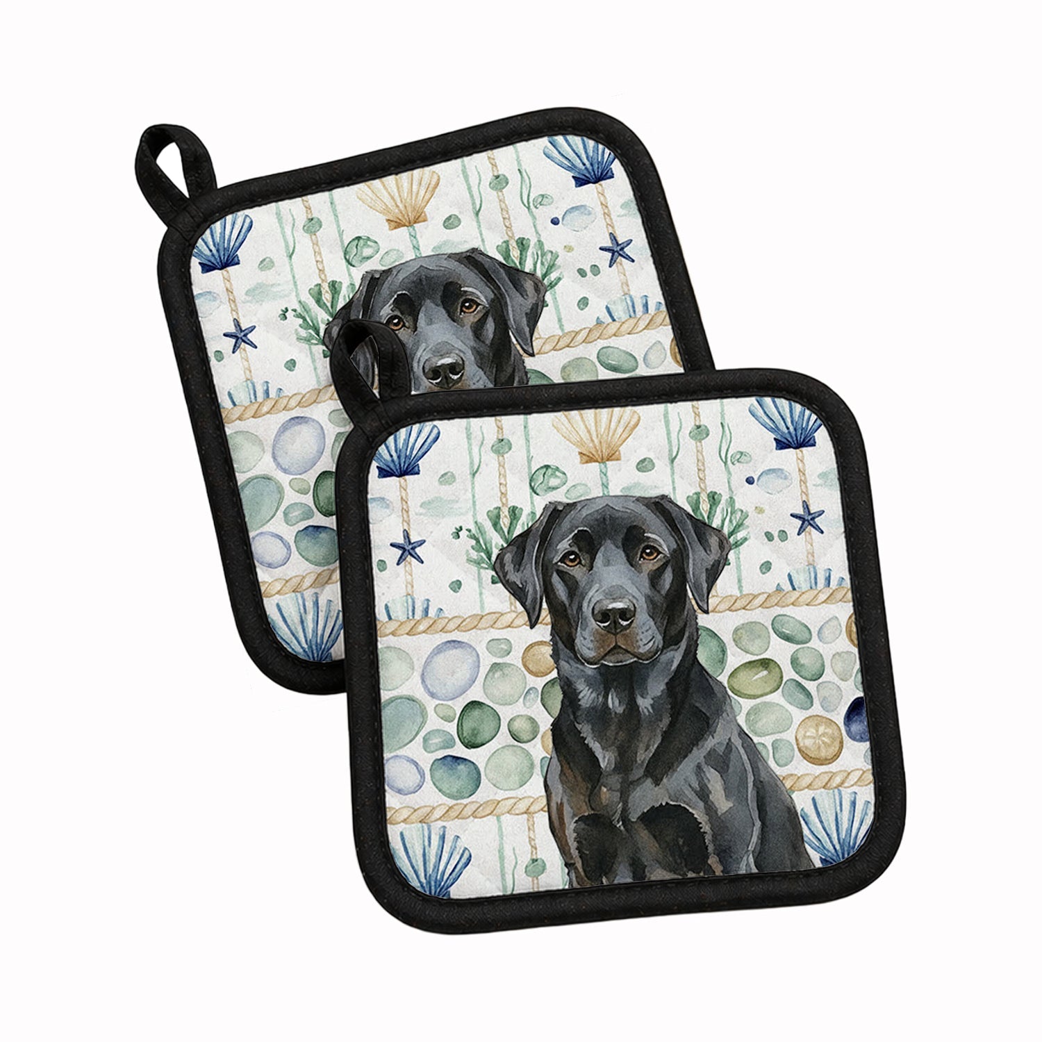 Black Labrador Retriever Coastal Sea Glass Pot Holder Set of 2 Heat Resistant Quilted Hot Pads 7.5 x 7.5 Inch, Insulated Kitchen Trivets for Cooking & Baking