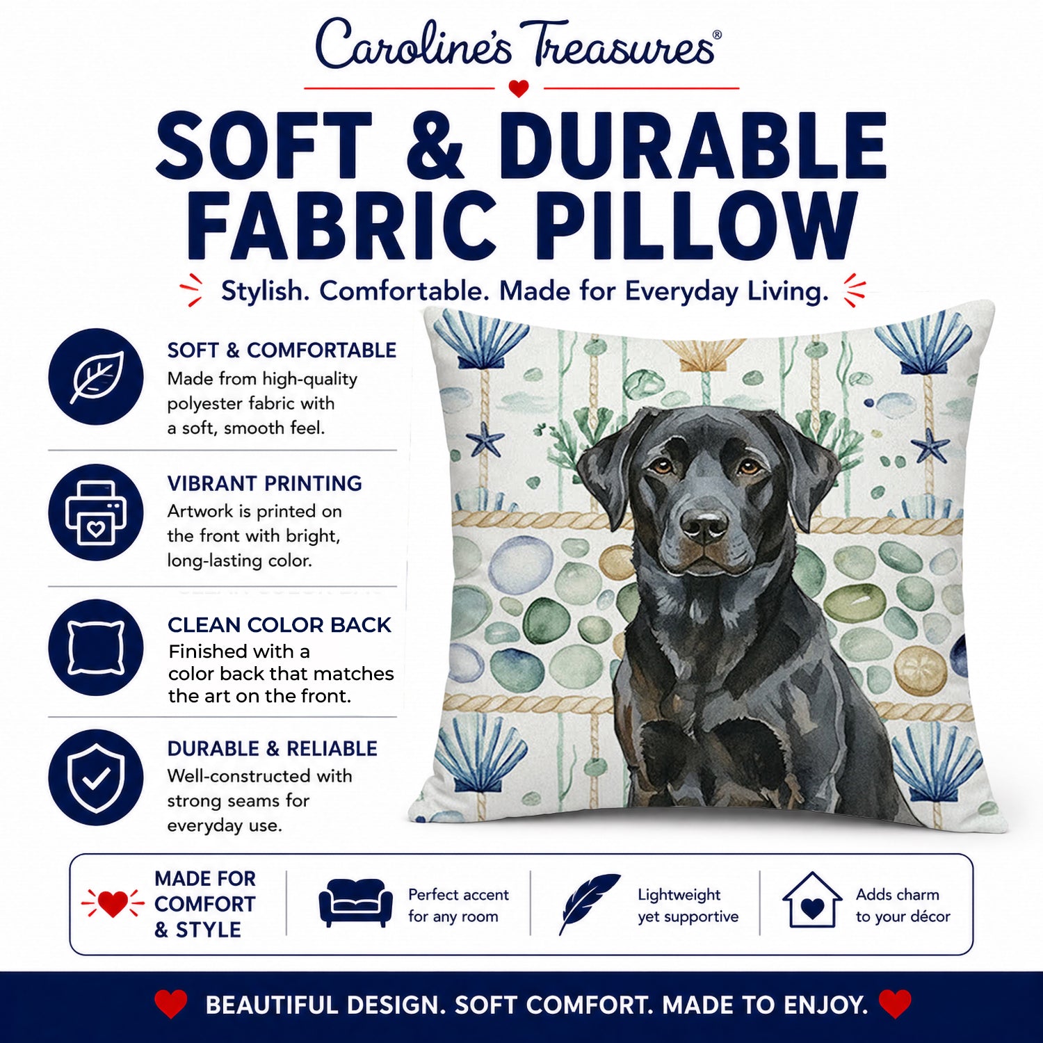 Black Labrador Retriever Coastal Sea Glass Decorative Throw Pillow 14x14 Indoor Outdoor Accent Cushion, Fabric Cover with Insert for Sofa, Bed, Porch & Living Room