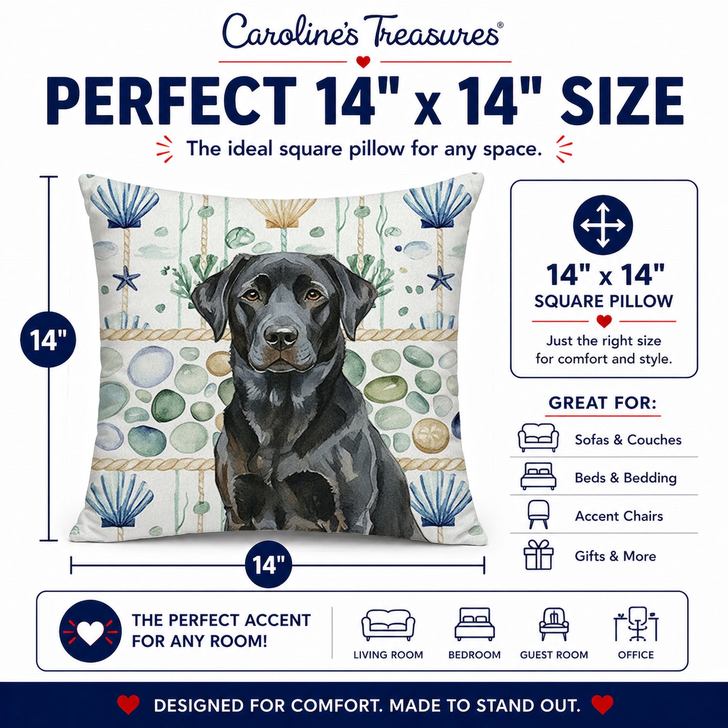 Black Labrador Retriever Coastal Sea Glass Decorative Throw Pillow 14x14 Indoor Outdoor Accent Cushion, Fabric Cover with Insert for Sofa, Bed, Porch & Living Room