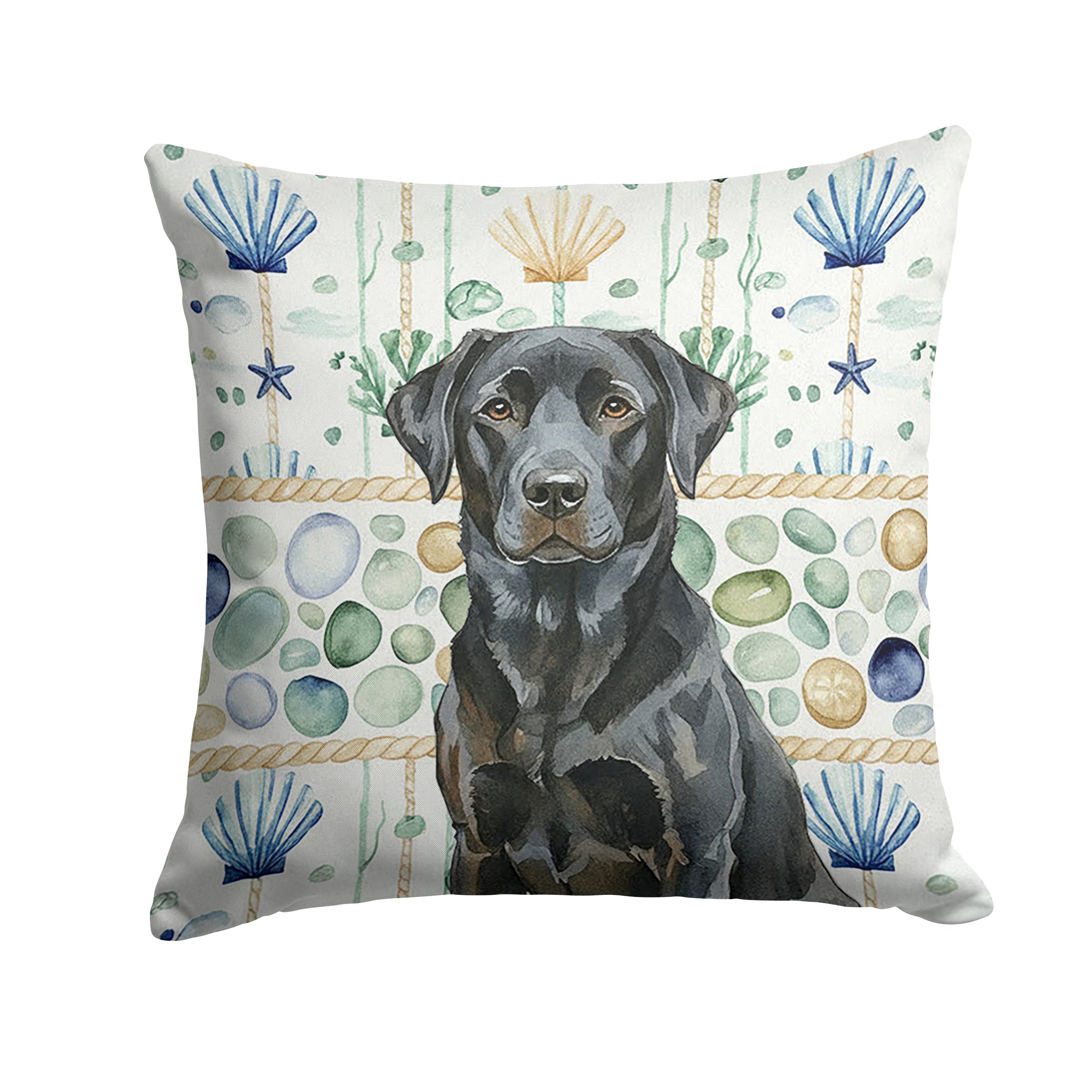 Black Labrador Retriever Coastal Sea Glass Decorative Throw Pillow 14x14 Indoor Outdoor Accent Cushion, Fabric Cover with Insert for Sofa, Bed, Porch & Living Room