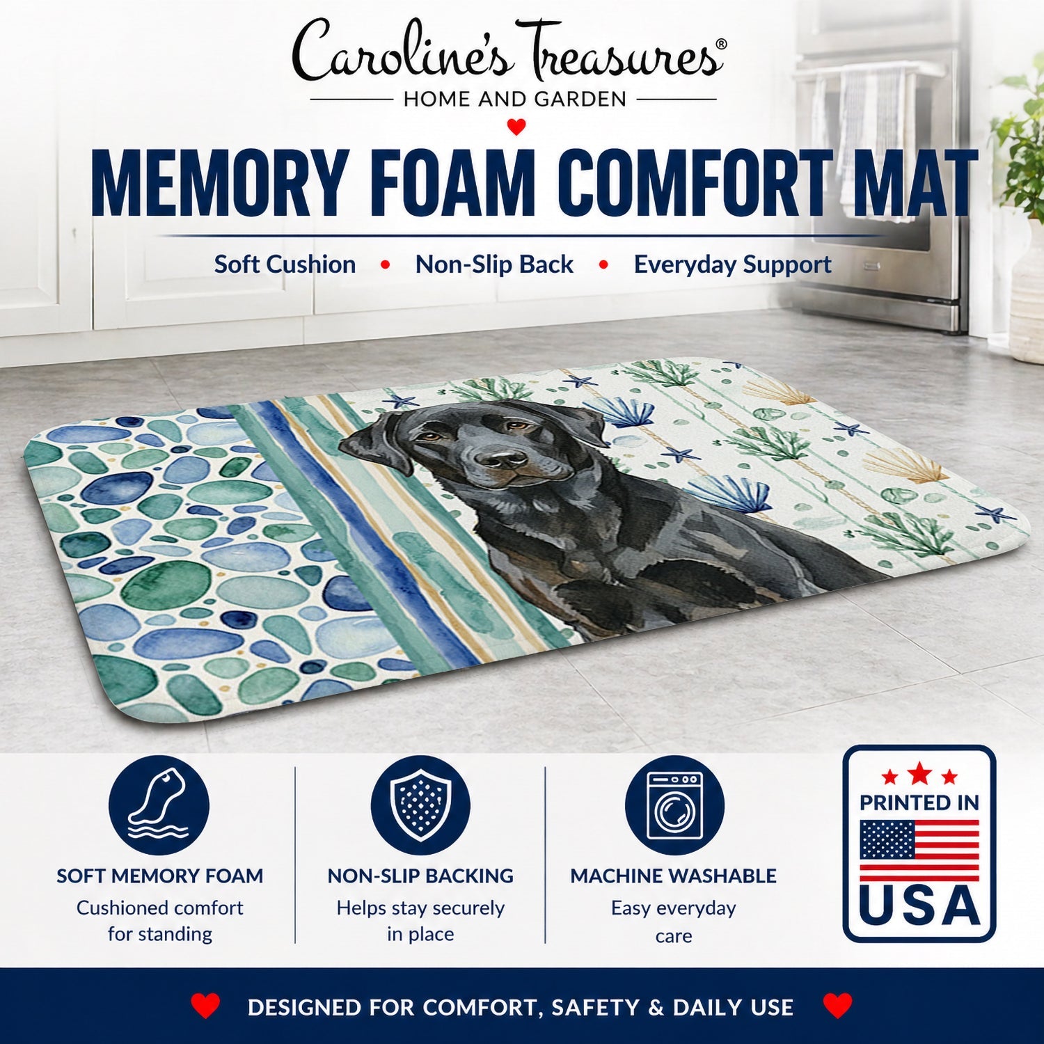Black Labrador Retriever Coastal Sea Glass Memory Foam Kitchen Mat Machine Washable Anti-Fatigue Cushion Comfort Bath or Kitchen Rug