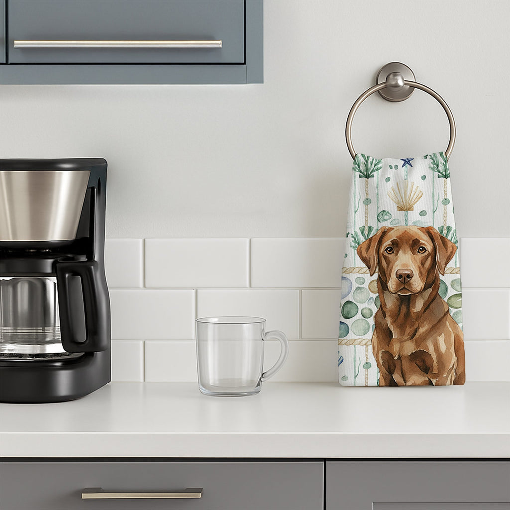Chocolate Labrador Retriever Coastal Sea Glass Kitchen Towel Velour Plush Front and Cotton Loop Back Machine Washable