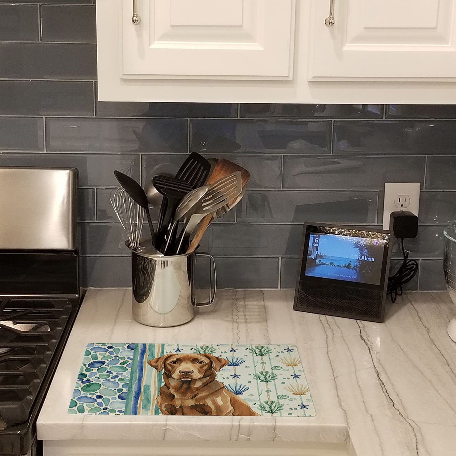 Chocolate Labrador Retriever Coastal Sea Glass Cutting Board Tempered Glass Kitchen Cutting Surface, Heat Resistant Chopping, Non-Slip Feet, Food Prep & Serving