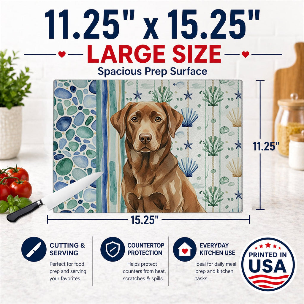 Chocolate Labrador Retriever Coastal Sea Glass Cutting Board Tempered Glass Kitchen Cutting Surface, Heat Resistant Chopping, Non-Slip Feet, Food Prep & Serving