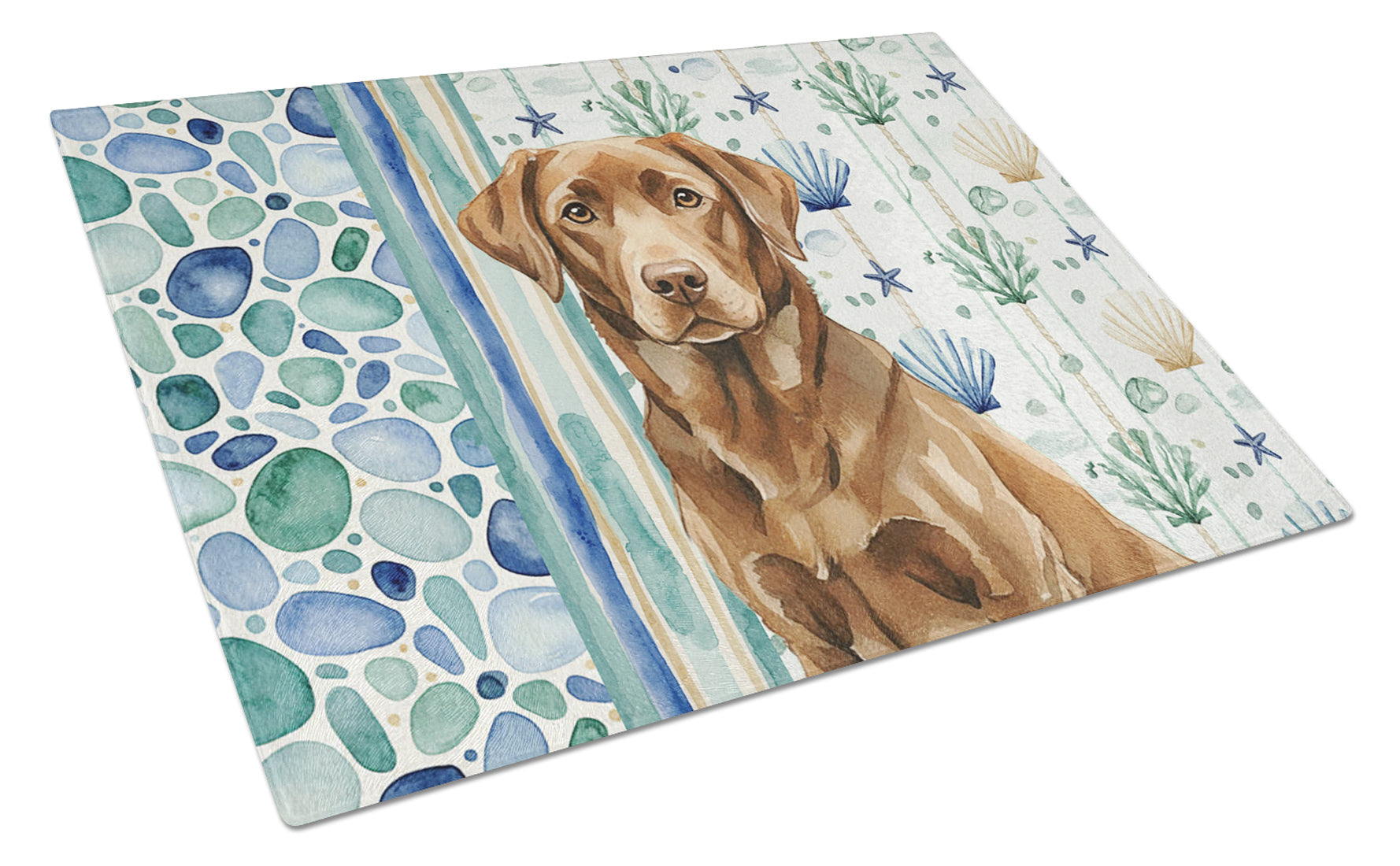 Chocolate Labrador Retriever Coastal Sea Glass Cutting Board Tempered Glass Kitchen Cutting Surface, Heat Resistant Chopping, Non-Slip Feet, Food Prep & Serving