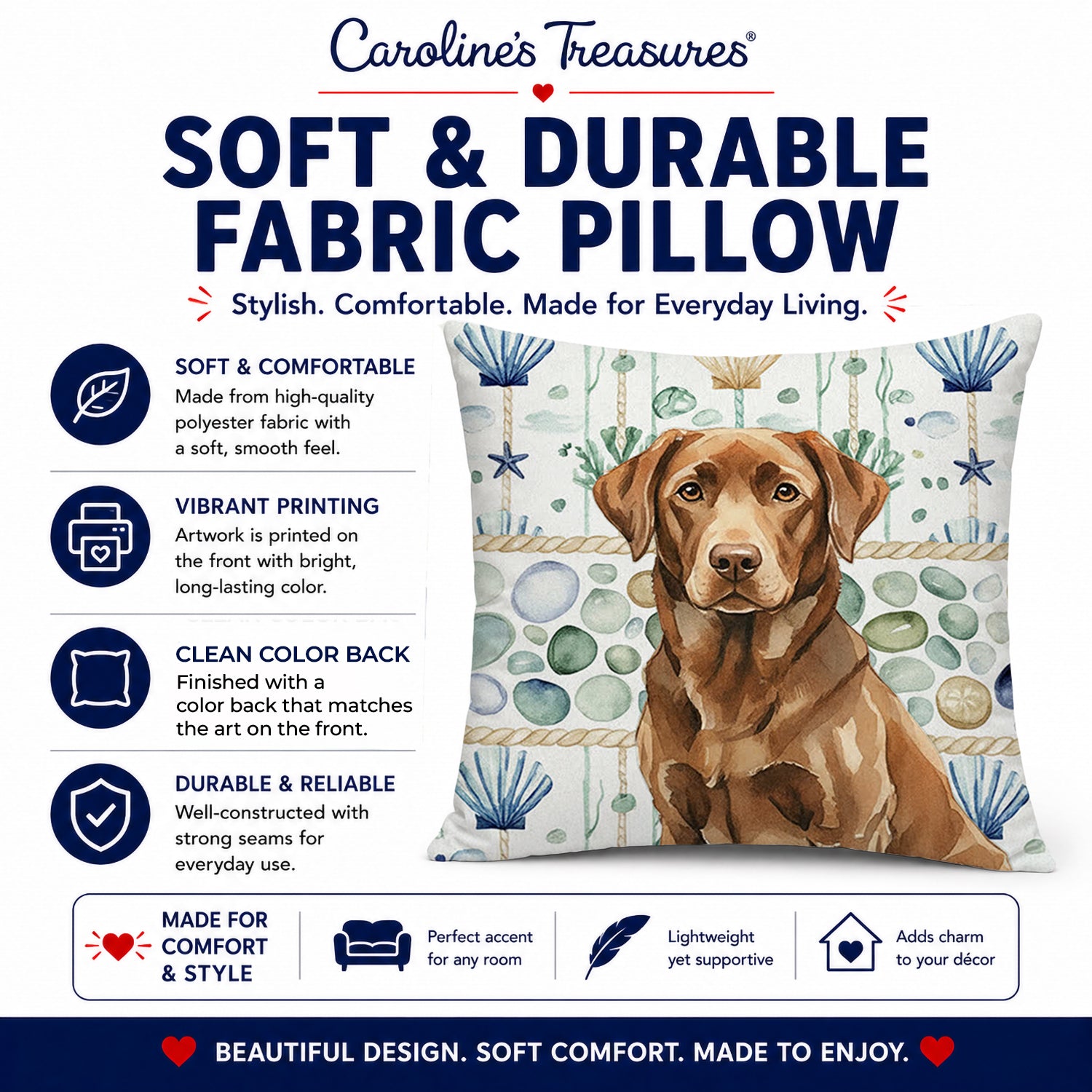 Chocolate Labrador Retriever Coastal Sea Glass Decorative Throw Pillow 14x14 Indoor Outdoor Accent Cushion, Fabric Cover with Insert for Sofa, Bed, Porch & Living Room