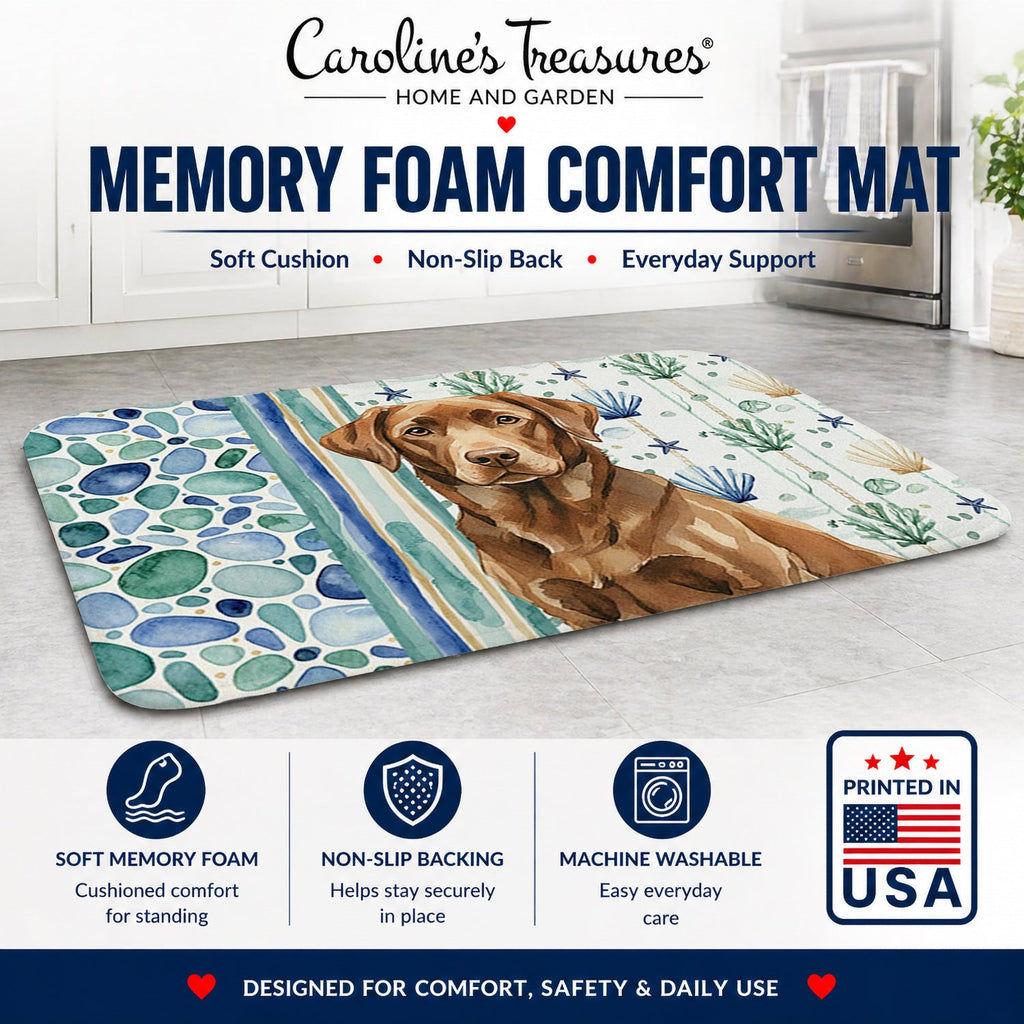 Chocolate Labrador Retriever Coastal Sea Glass Memory Foam Kitchen Mat Machine Washable Anti-Fatigue Cushion Comfort Bath or Kitchen Rug