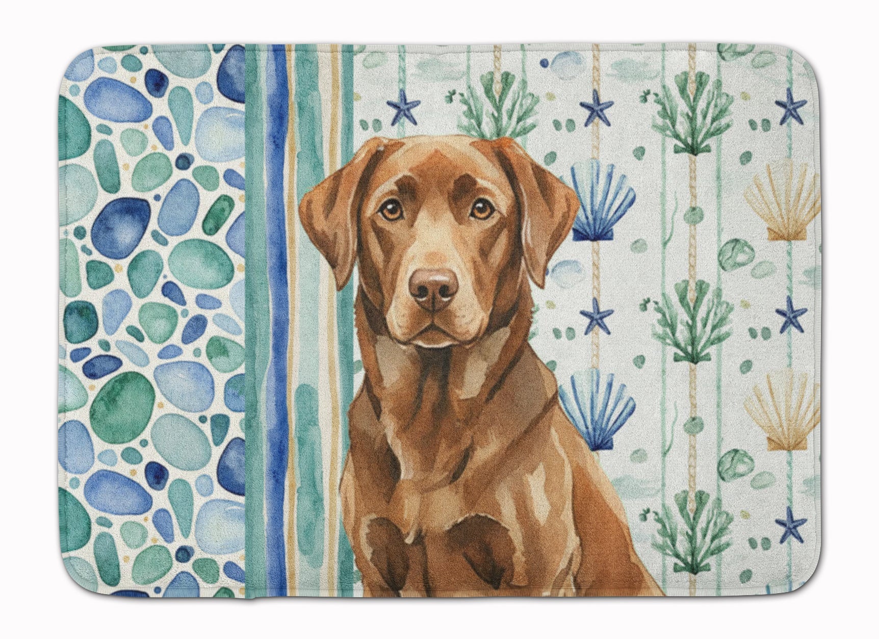 Chocolate Labrador Retriever Coastal Sea Glass Memory Foam Kitchen Mat Machine Washable Anti-Fatigue Cushion Comfort Bath or Kitchen Rug