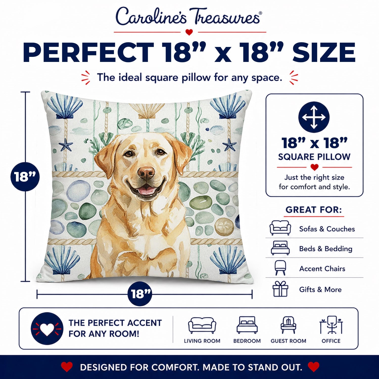Yellow Labrador Retriever Coastal Sea Glass Decorative Throw Pillow 18x18 Indoor Outdoor Accent Cushion, Fabric Cover with Insert for Sofa, Bed, Porch & Living Room