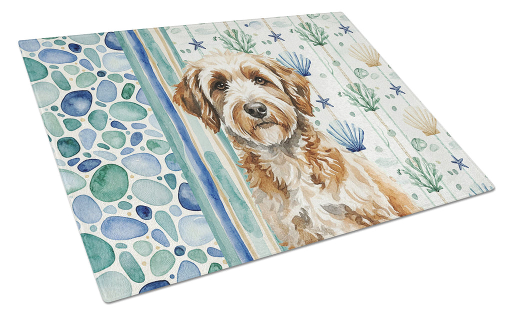 Lagotto Romagnolo Coastal Sea Glass Cutting Board Tempered Glass Kitchen Cutting Surface, Heat Resistant Chopping, Non-Slip Feet, Food Prep & Serving