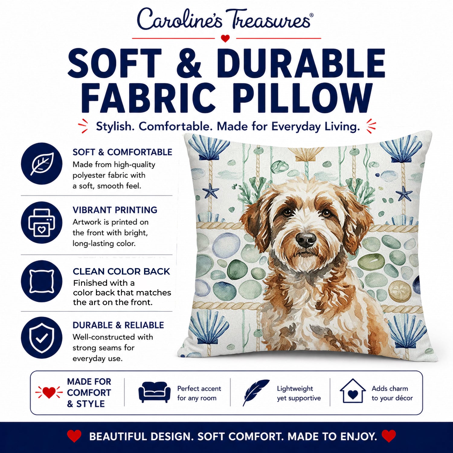 Lagotto Romagnolo Coastal Sea Glass Decorative Throw Pillow 18x18 Indoor Outdoor Accent Cushion, Fabric Cover with Insert for Sofa, Bed, Porch & Living Room