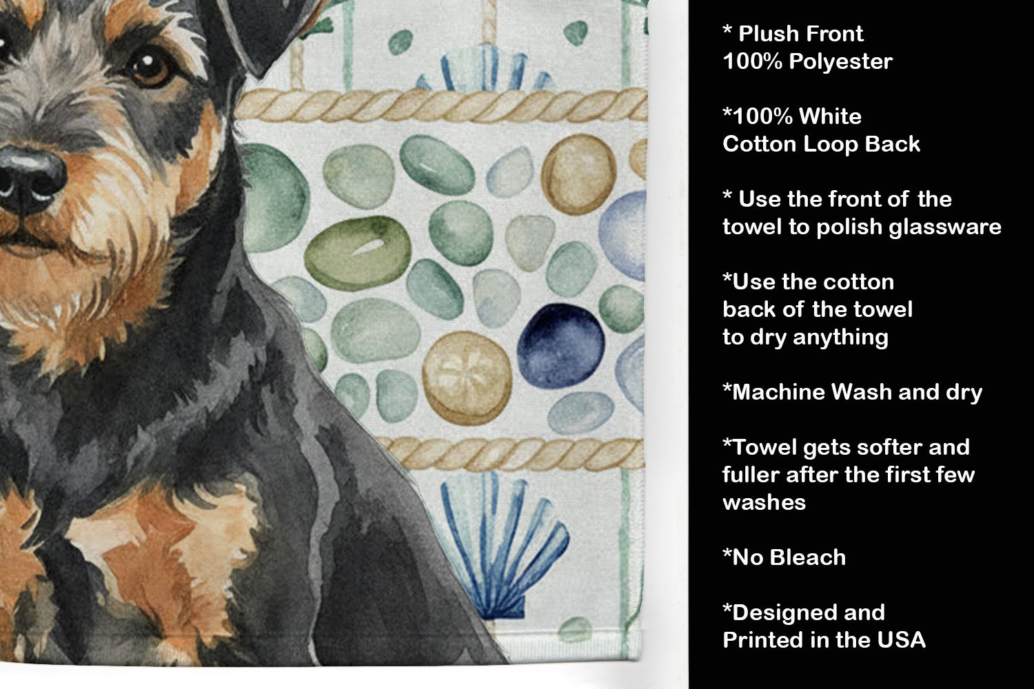 Black and Tan Lakeland Terrier Coastal Sea Glass Kitchen Towel Velour Plush Front and Cotton Loop Back Machine Washable