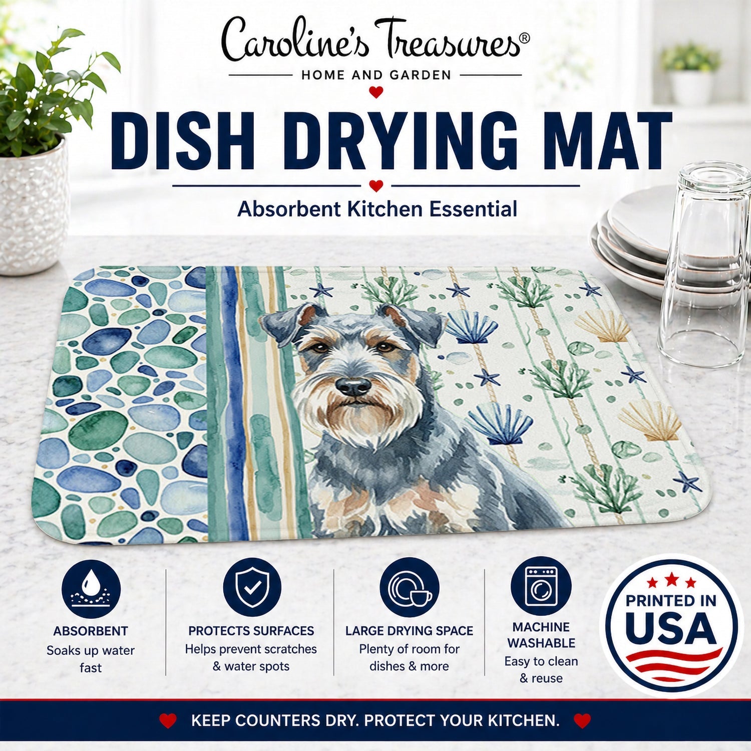Blue Lakeland Terrier Coastal Sea Glass Dish Drying Mat Absorbent Dish Drying Mat Pad for Kitchen Counter Dish Drainer Mat for Countertop, 14 x 21", Multicolor