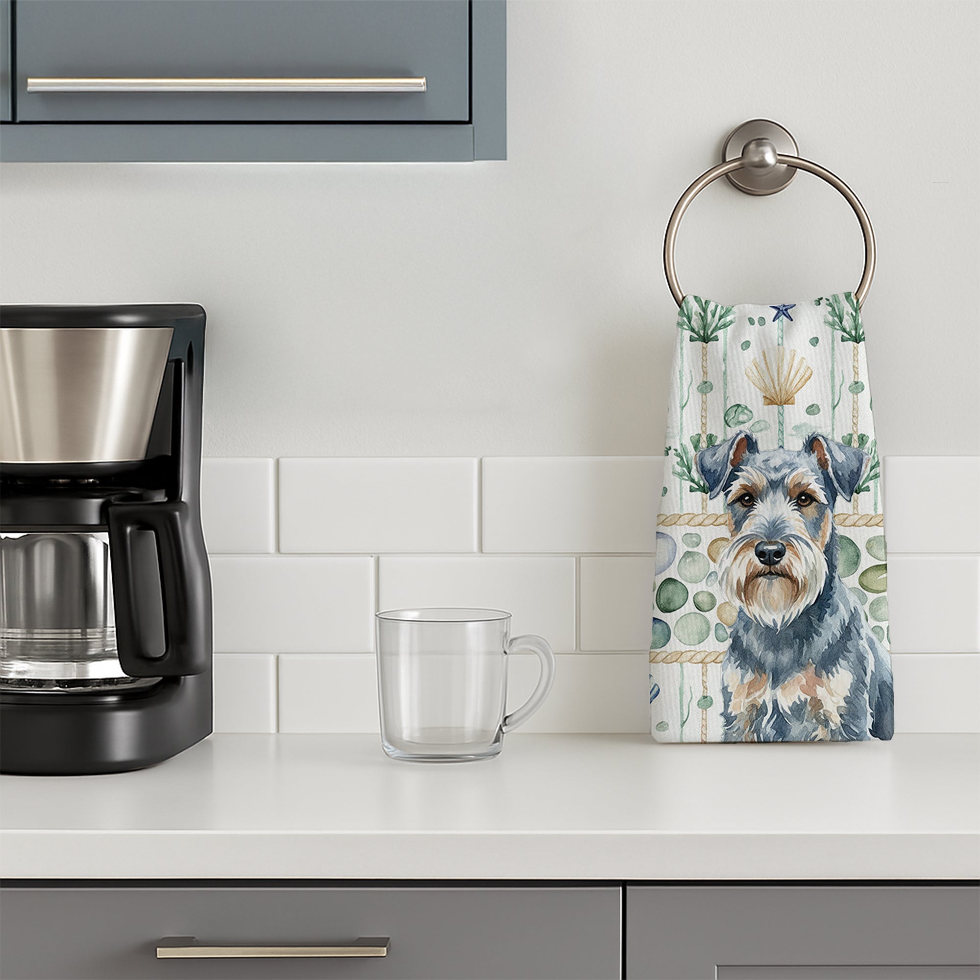 Blue Lakeland Terrier Coastal Sea Glass Kitchen Towel Velour Plush Front and Cotton Loop Back Machine Washable