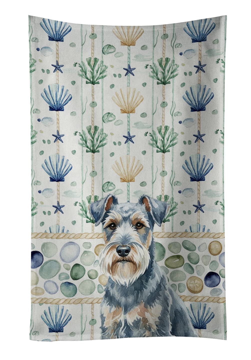 Blue Lakeland Terrier Coastal Sea Glass Kitchen Towel Velour Plush Front and Cotton Loop Back Machine Washable