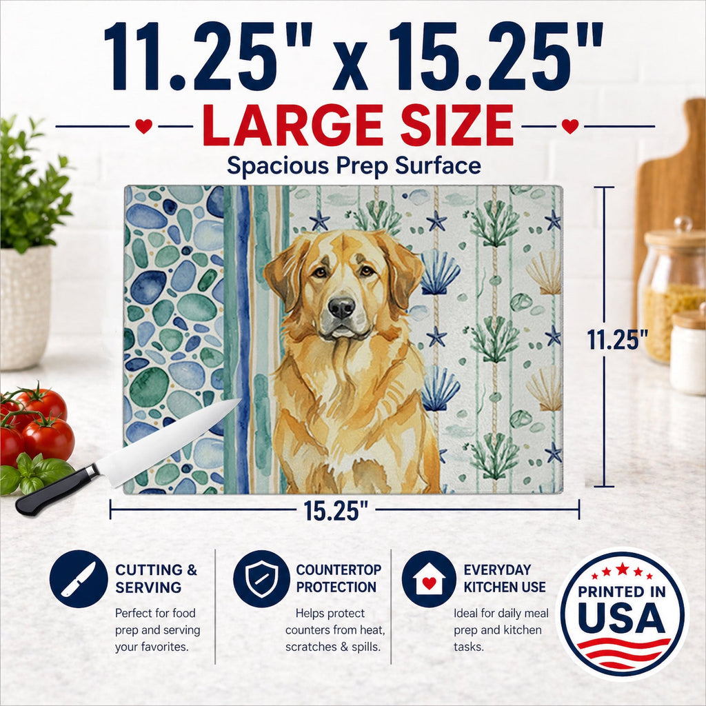 Lion Yellow Leonberger Coastal Sea Glass Cutting Board Tempered Glass Kitchen Cutting Surface, Heat Resistant Chopping, Non-Slip Feet, Food Prep & Serving