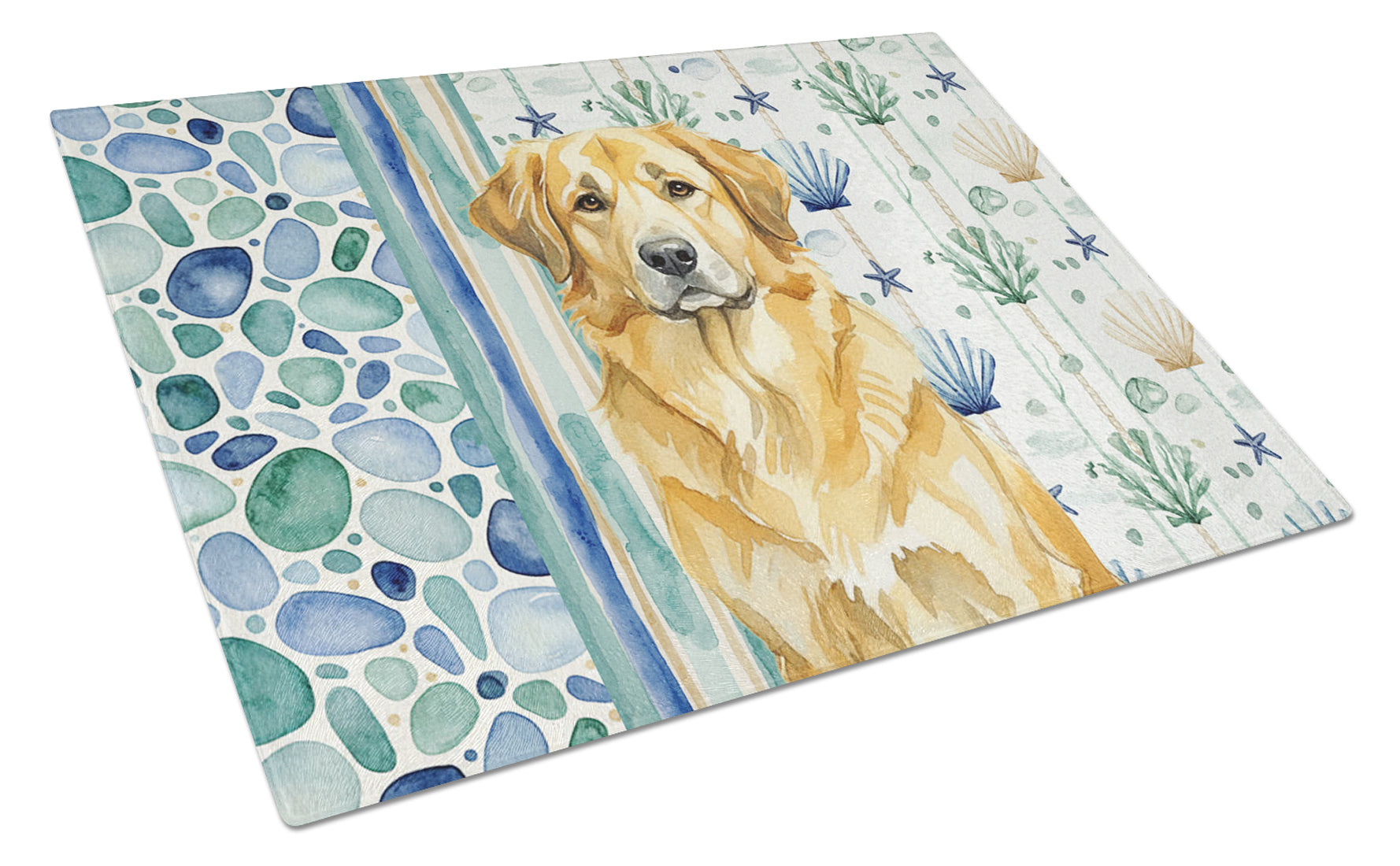 Lion Yellow Leonberger Coastal Sea Glass Cutting Board Tempered Glass Kitchen Cutting Surface, Heat Resistant Chopping, Non-Slip Feet, Food Prep & Serving