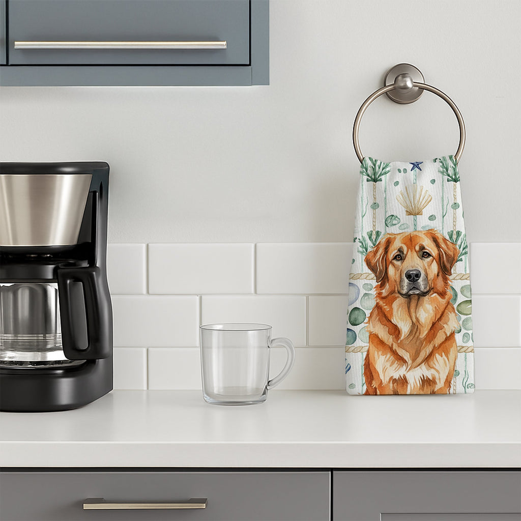 Red Leonberger Coastal Sea Glass Kitchen Towel Velour Plush Front and Cotton Loop Back Machine Washable
