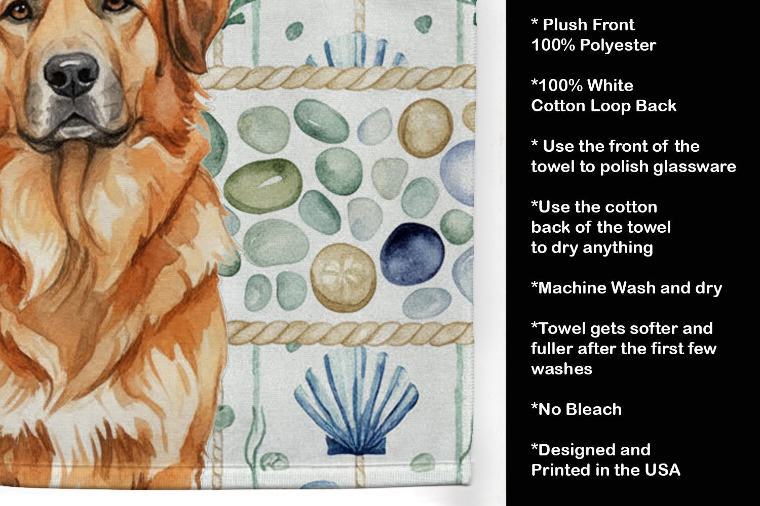 Red Leonberger Coastal Sea Glass Kitchen Towel Velour Plush Front and Cotton Loop Back Machine Washable